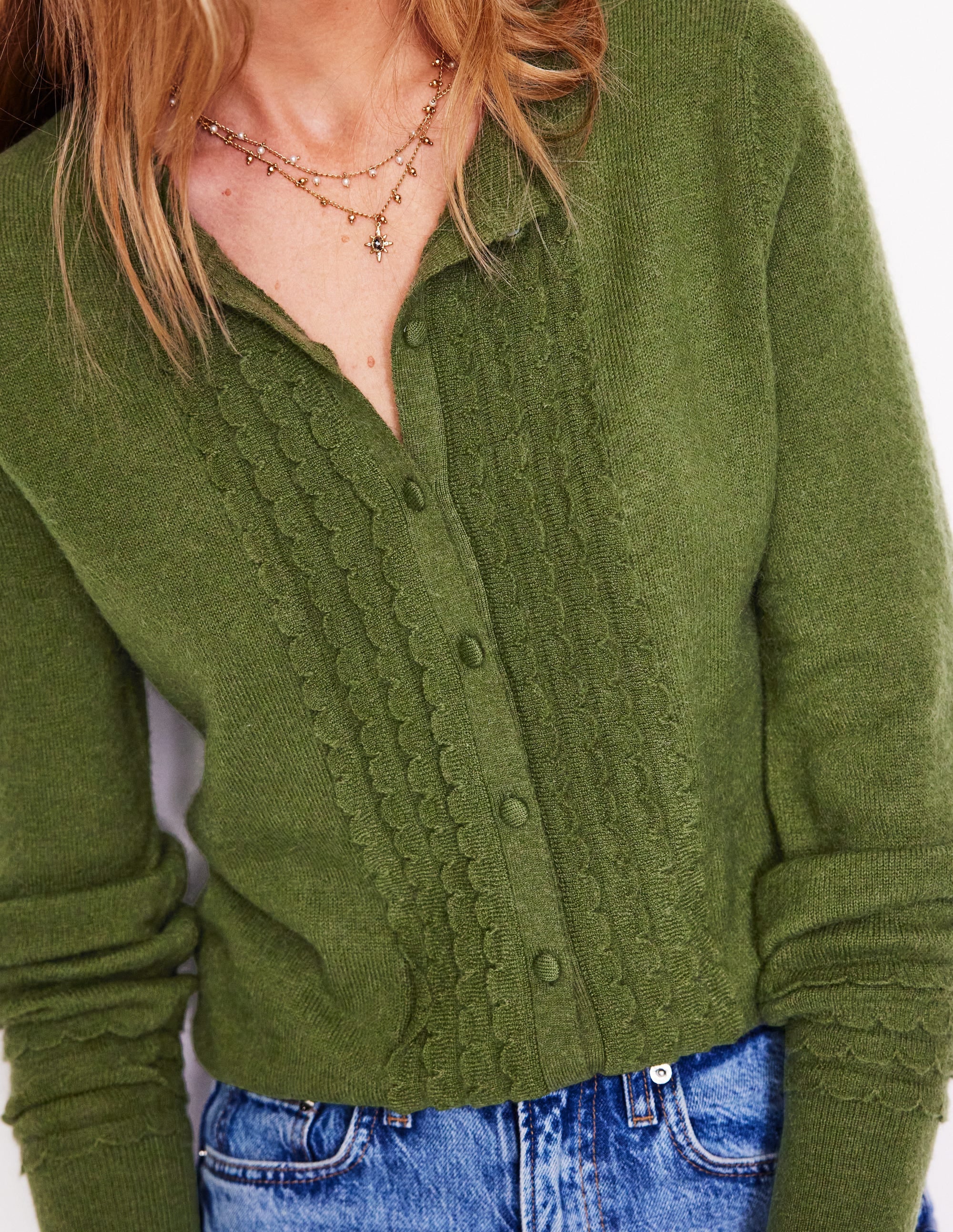 Scallop Sleeve Cardigan-Oregano Green - Image 2