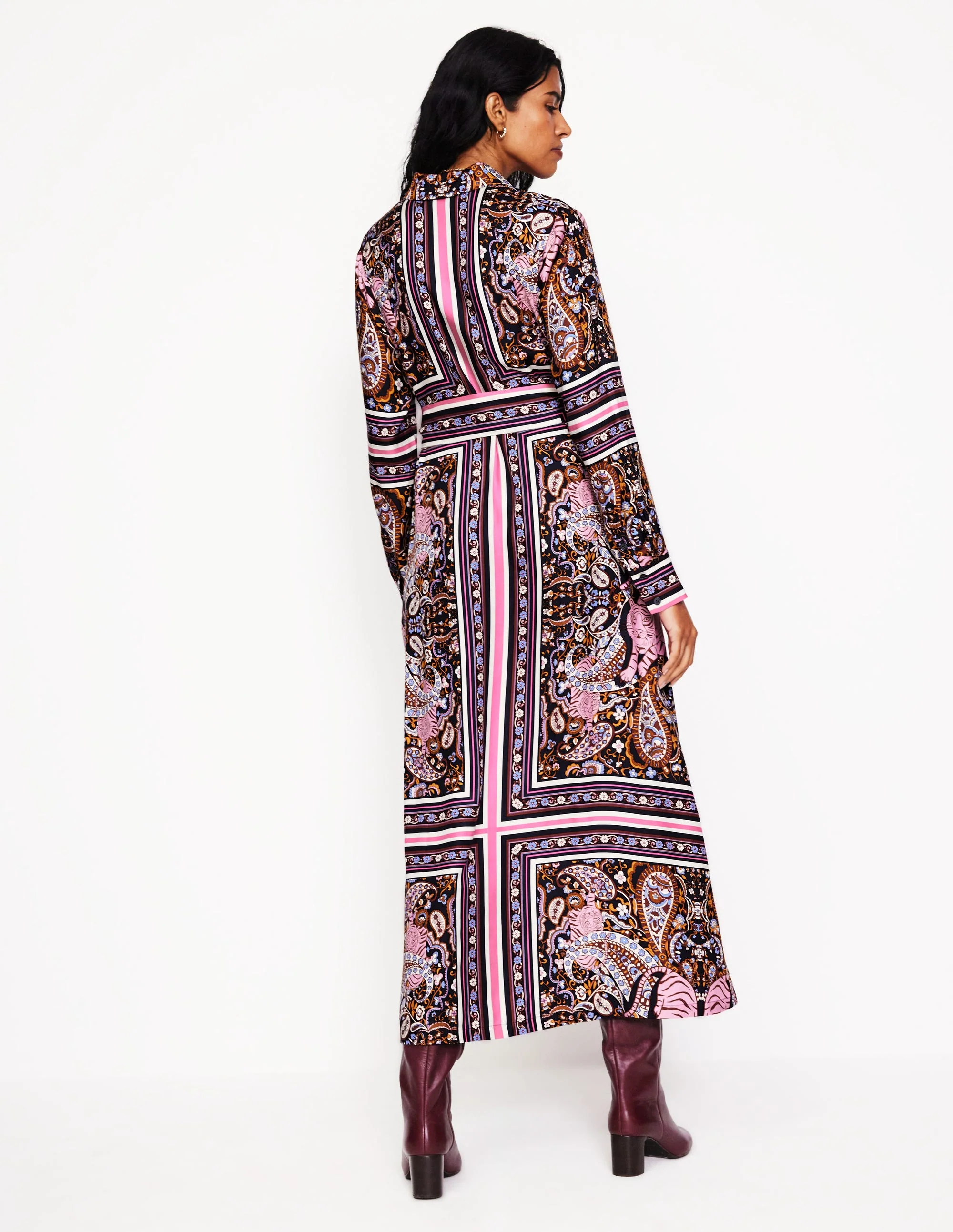 Scarf Print Shirt Dress-French Navy, Tiger Bloom - Image 3