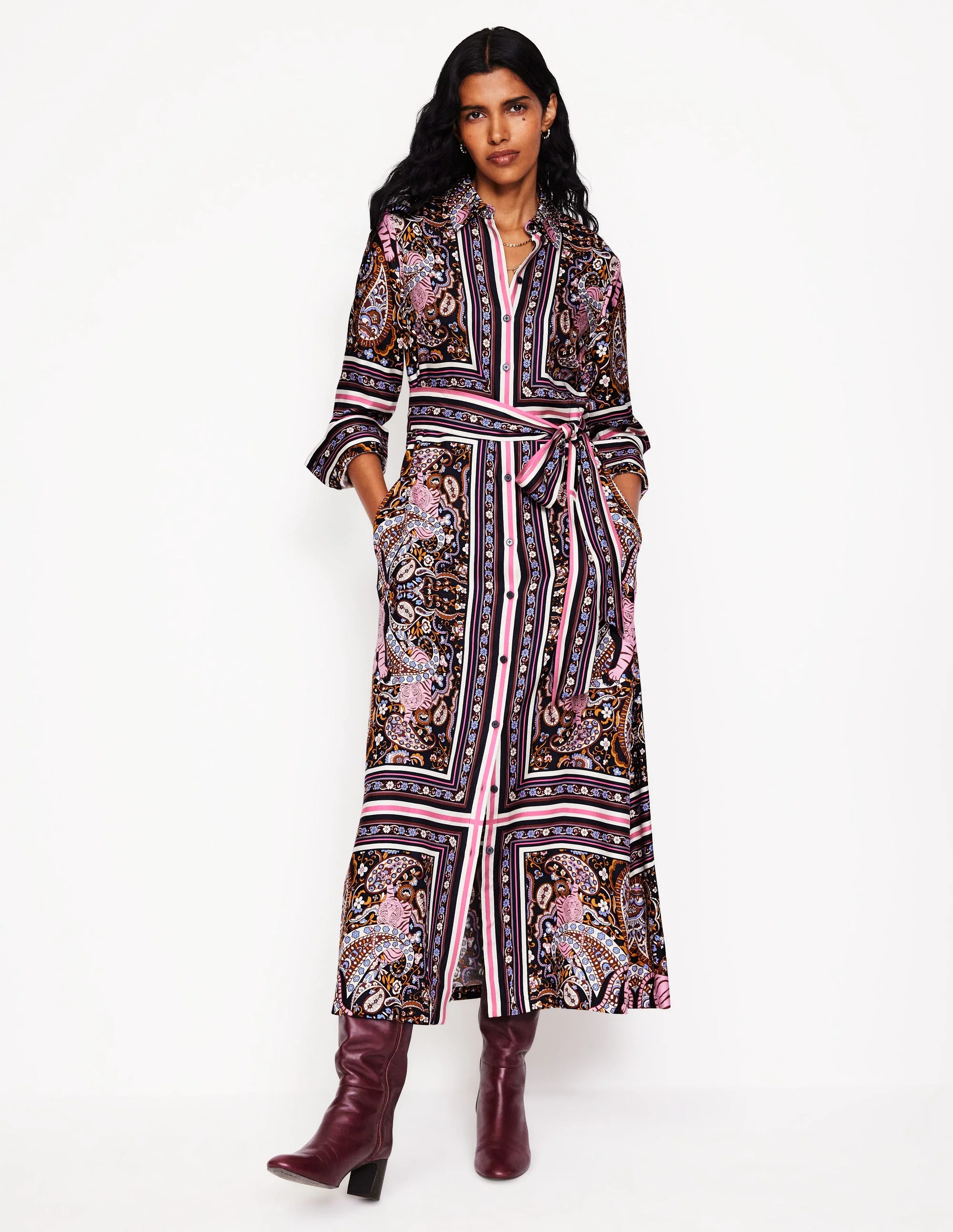 Scarf Print Shirt Dress-French Navy, Tiger Bloom - Image 4
