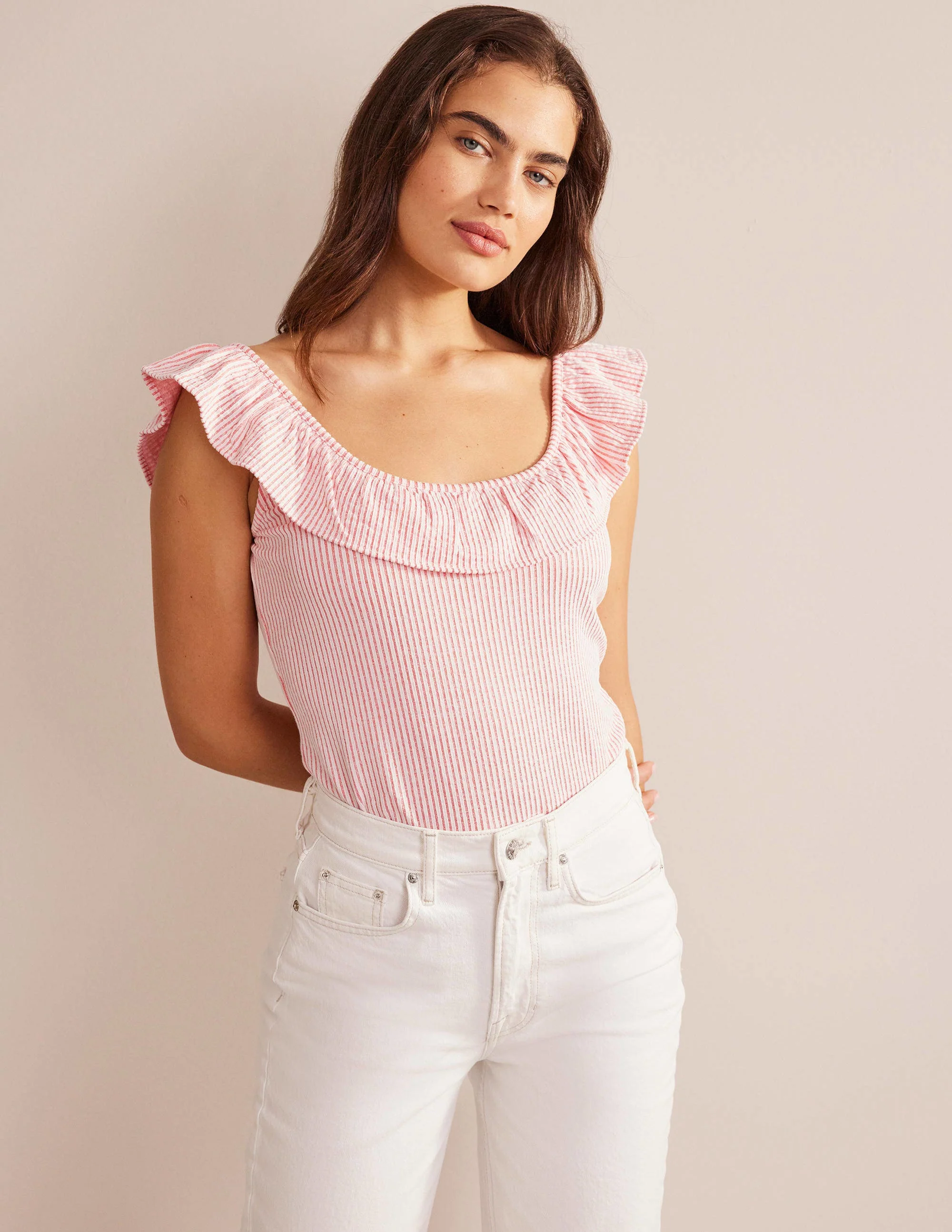 Seersucker Frill Stripe Top-Vermillion/White Stripe - Image 4