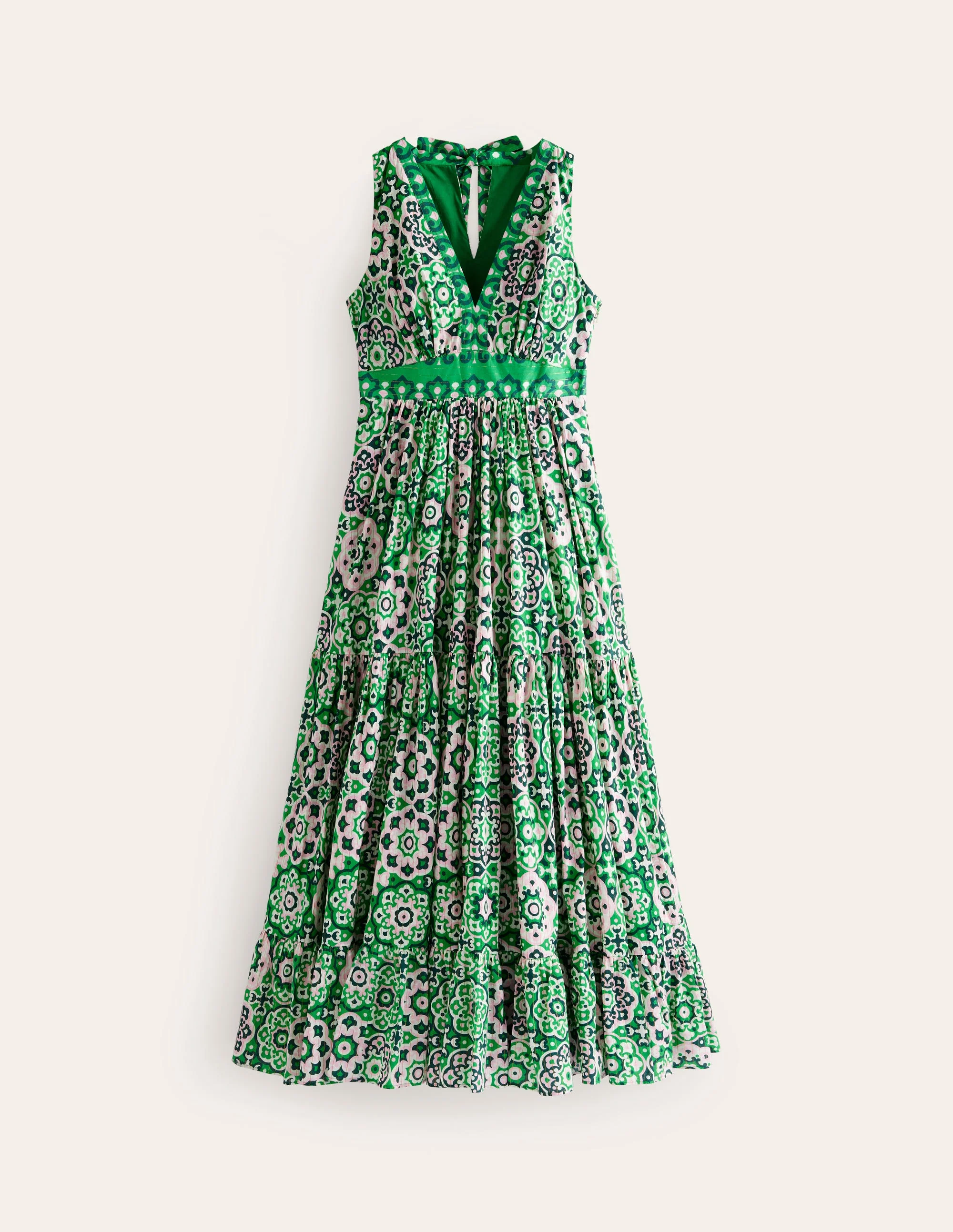 Serena Cotton Tie Maxi Dress-Green Tambourine, Artisian Geo - Image 6