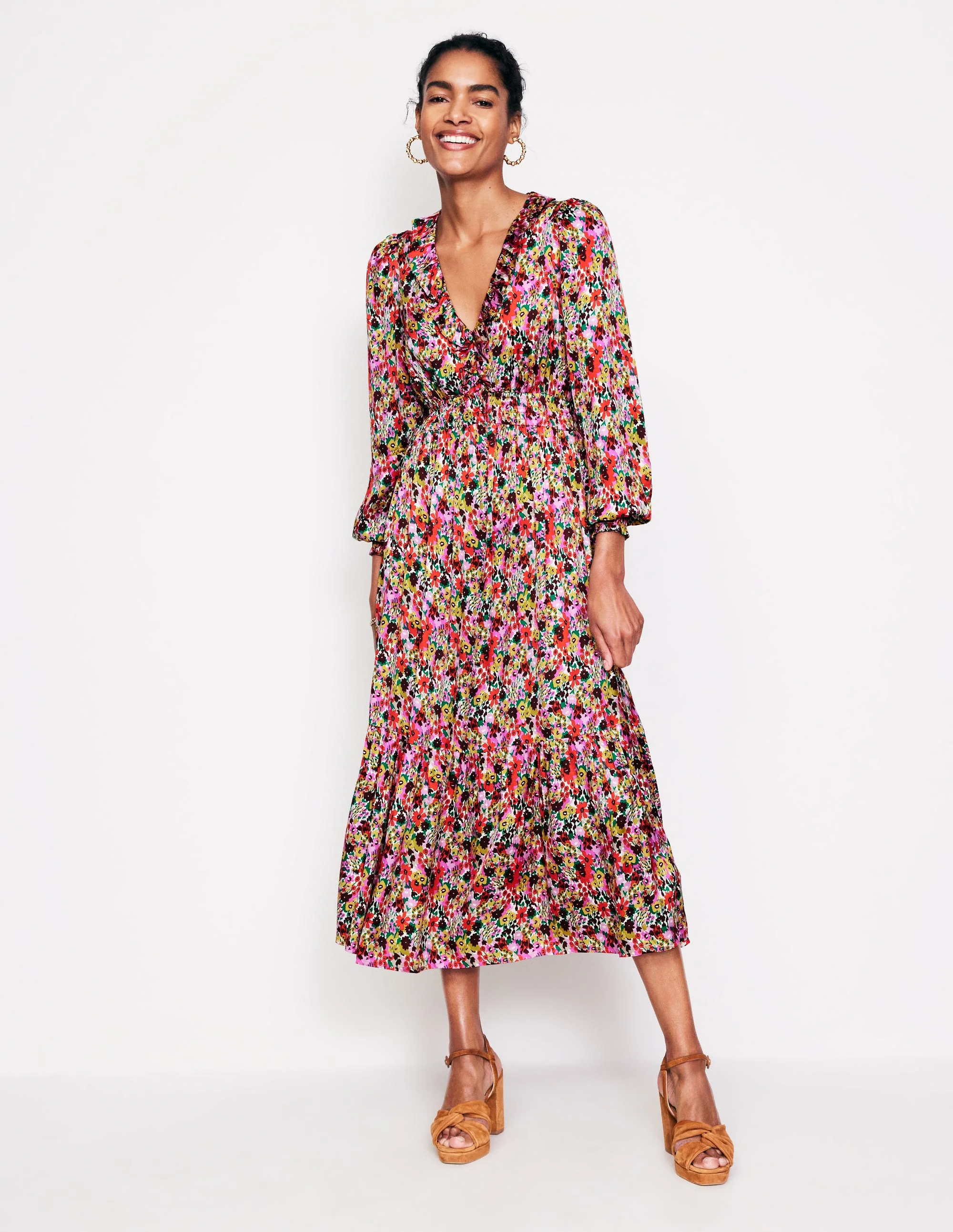 Shirred Ruffle Midi Dress-Multi, Meadow Pop - Image 4