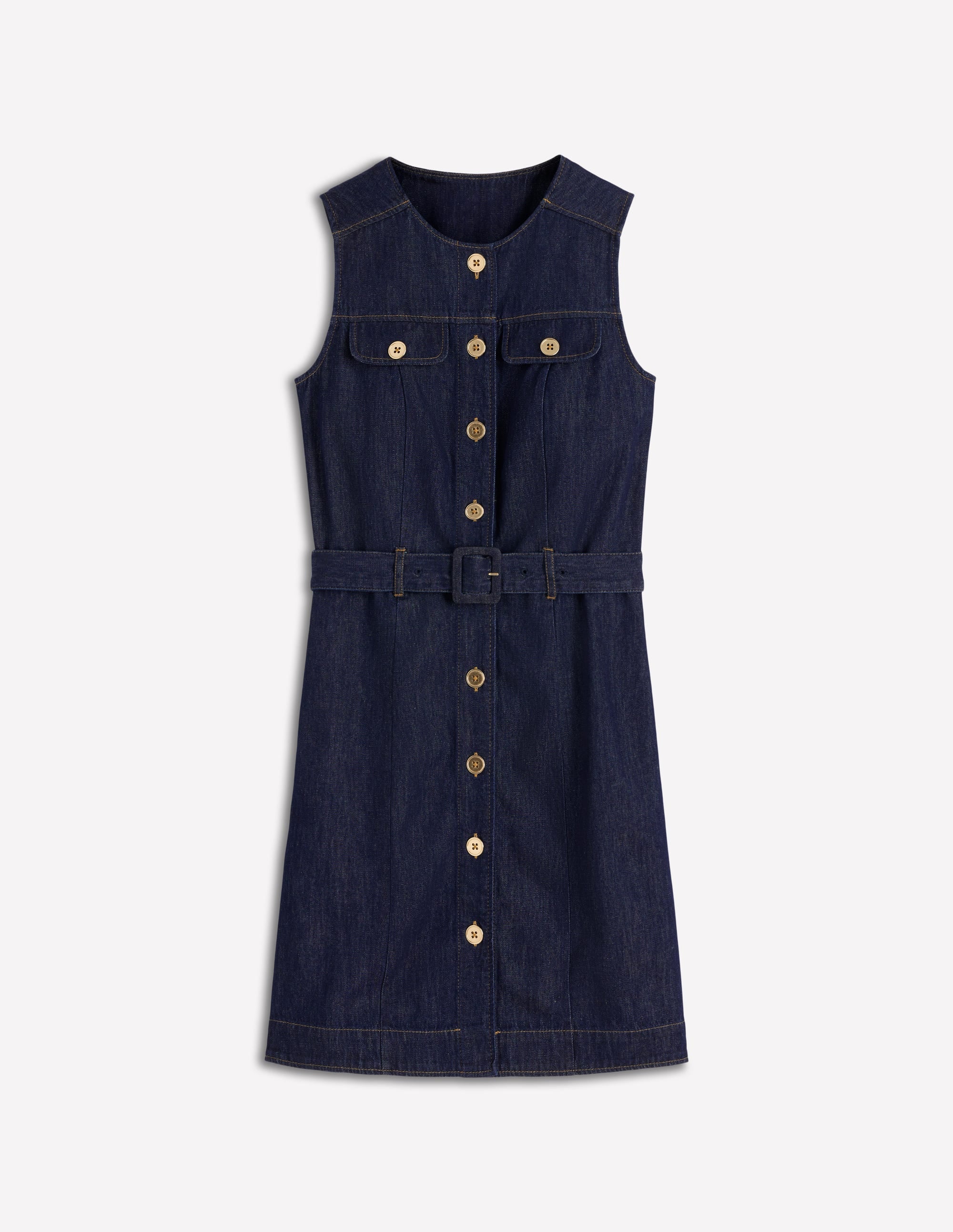 Short Gold Button Denim Dress-Indigo - Image 6