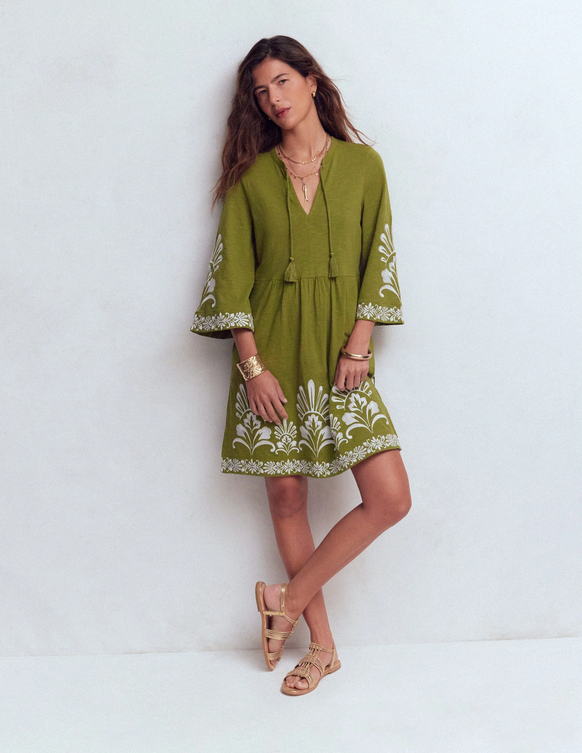 Short Kaftan Jersey Dress-Khaki Embroidered - Image 4