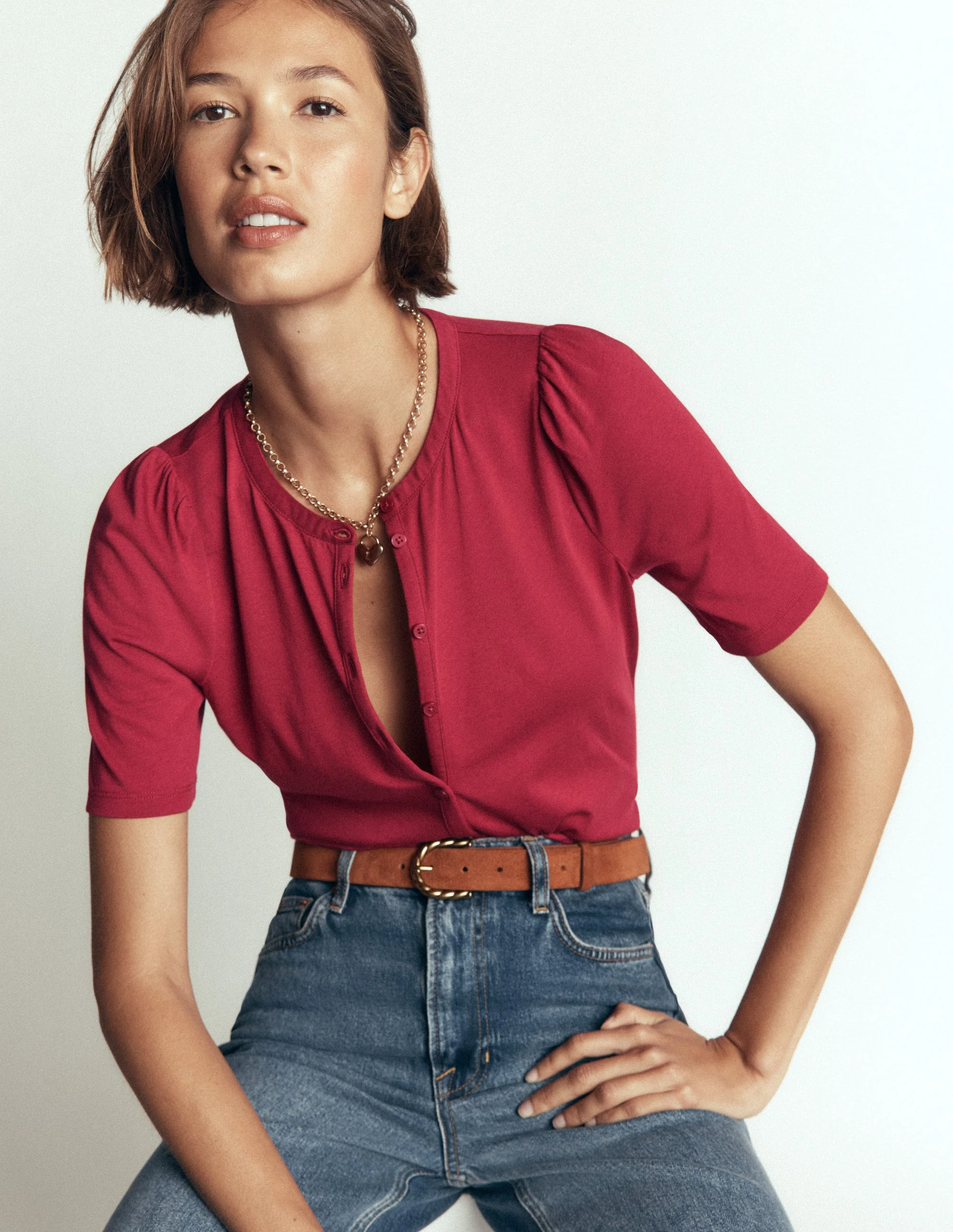 Short Puff Sleeve Top-Red Earth - Image 4