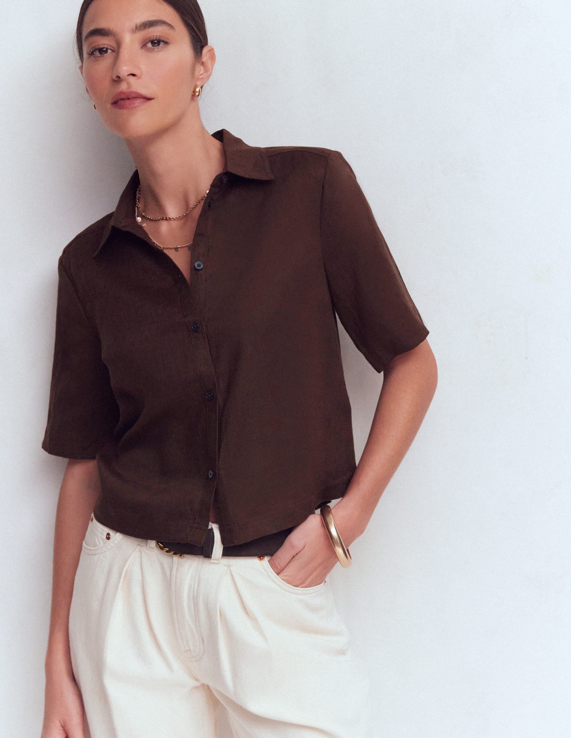 Short Sleeve Linen Shirt-Bitter Chocolate - Image 5