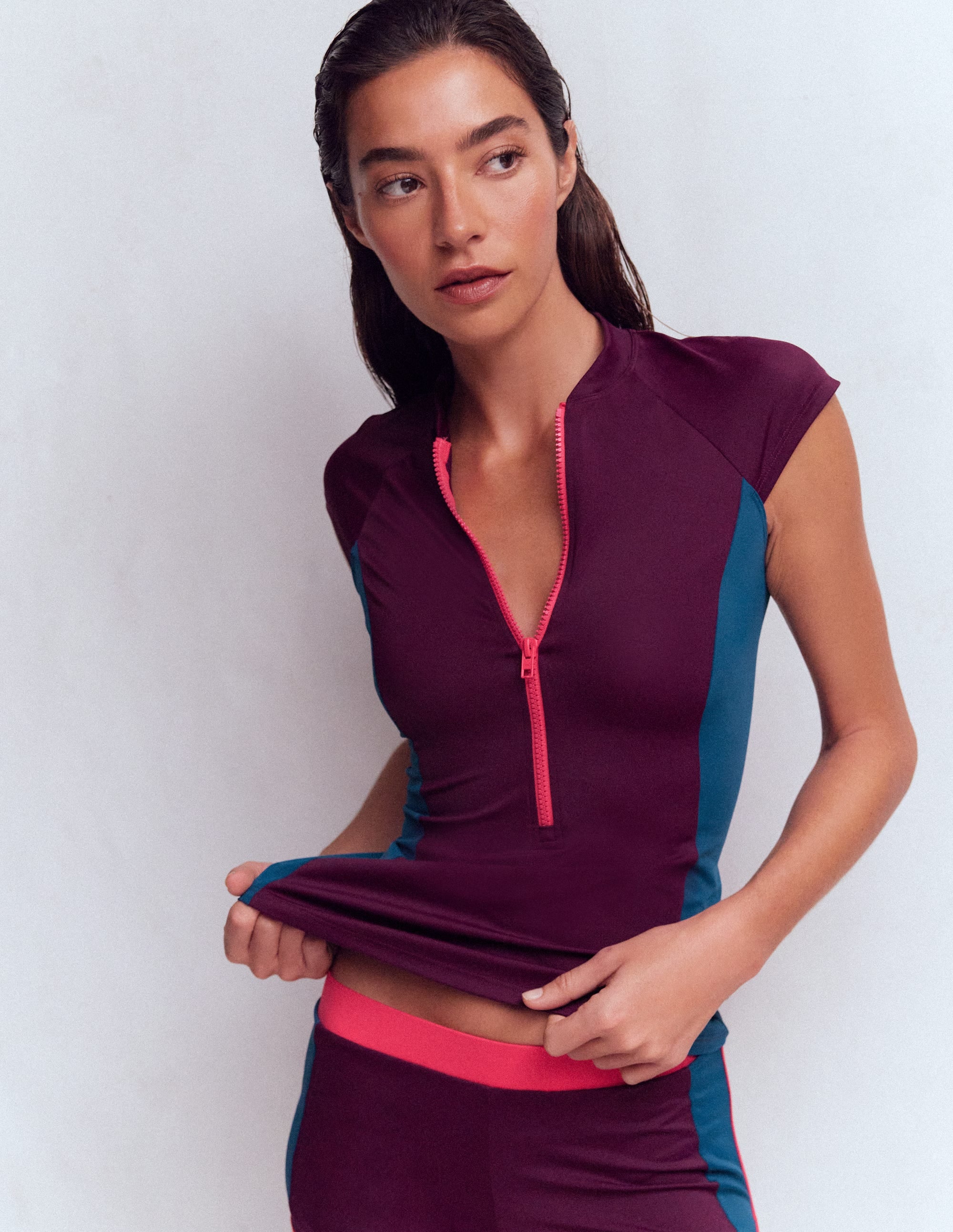 Short Sleeve Rash Guard Top-Purple, Colour block - Image 4