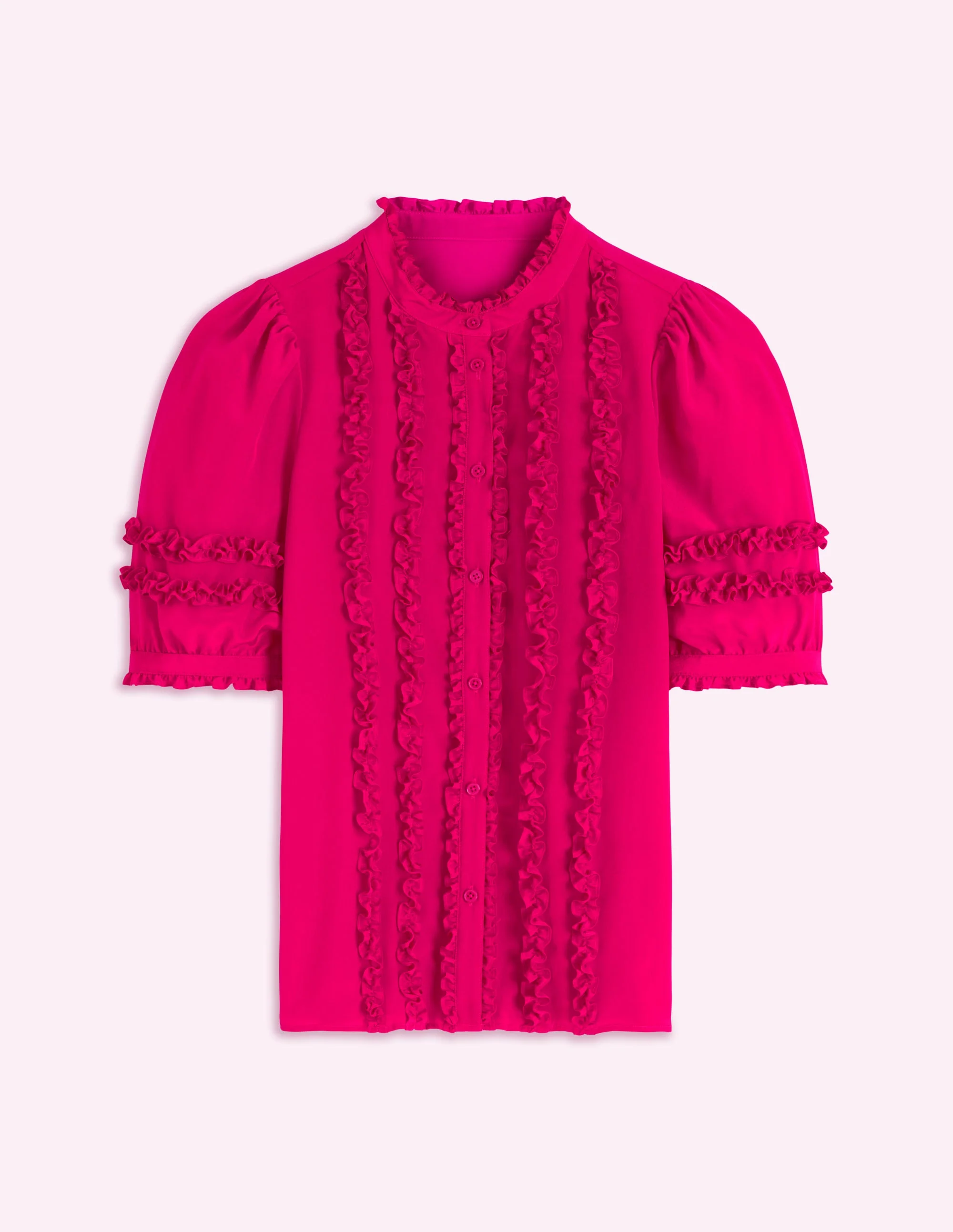 Short Sleeve Silk Ruffle Top-Vibrant Pink - Image 7