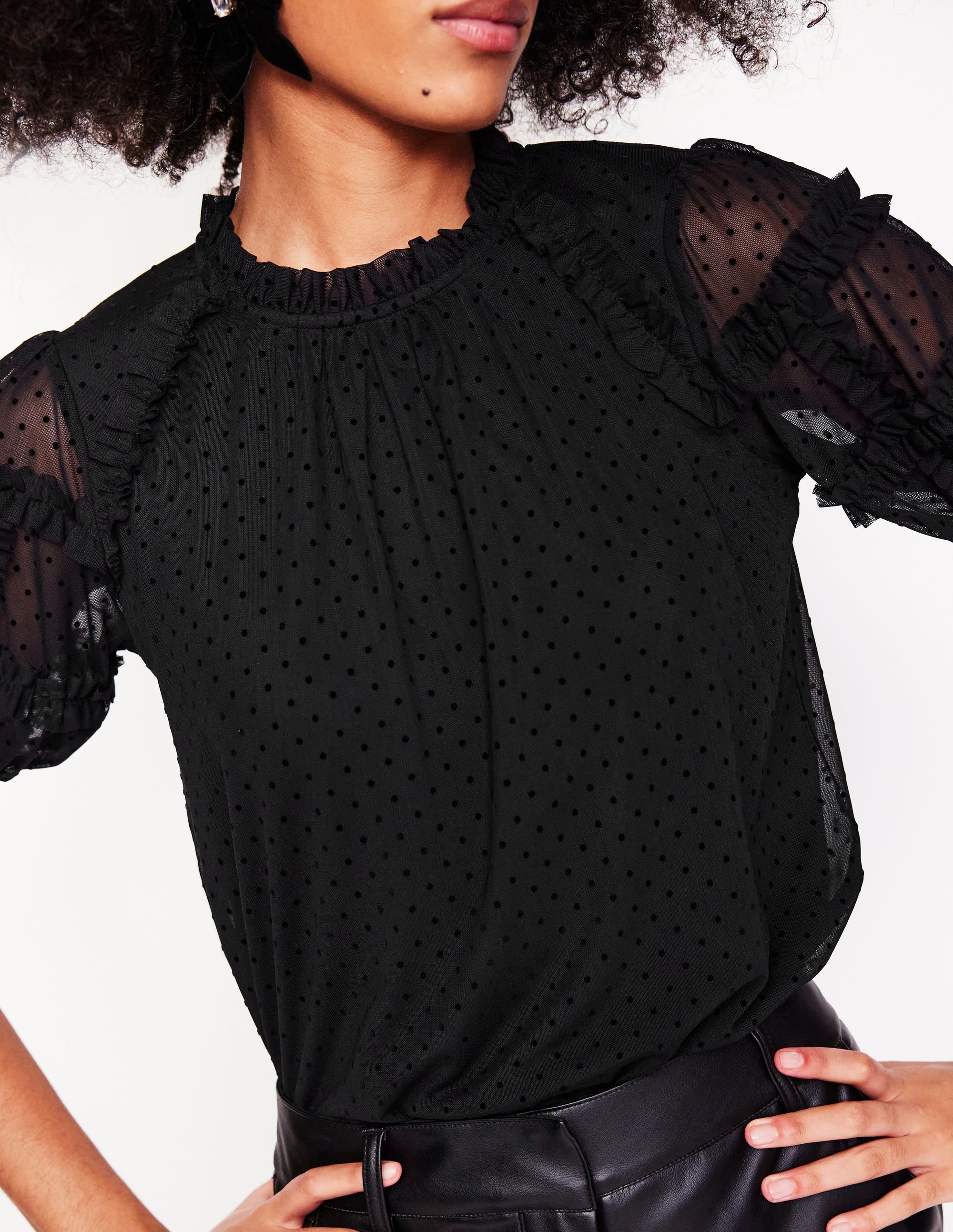 Short-Sleeve Spotty Tulle Top-Black - Image 2