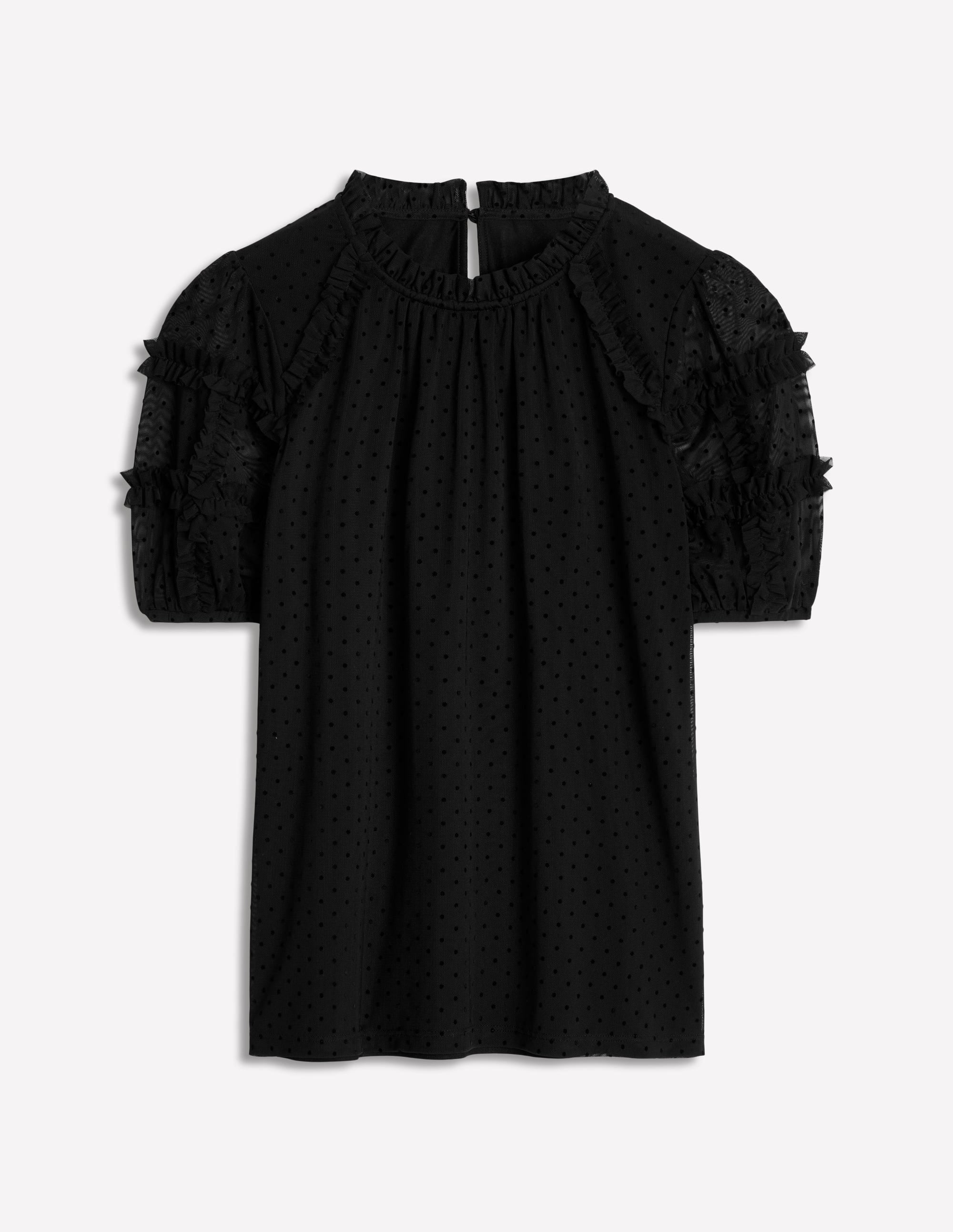 Short-Sleeve Spotty Tulle Top-Black - Image 5
