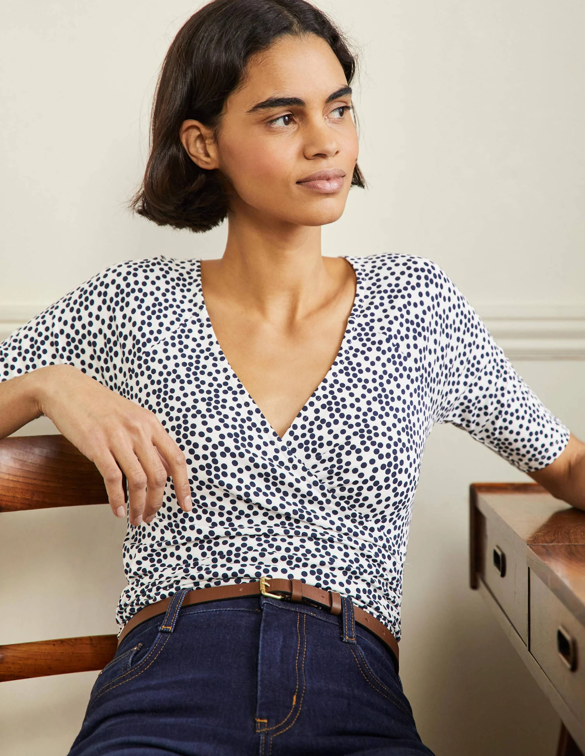 Short Sleeve Wrap Top-Ivory, Scatter Spot - Image 4