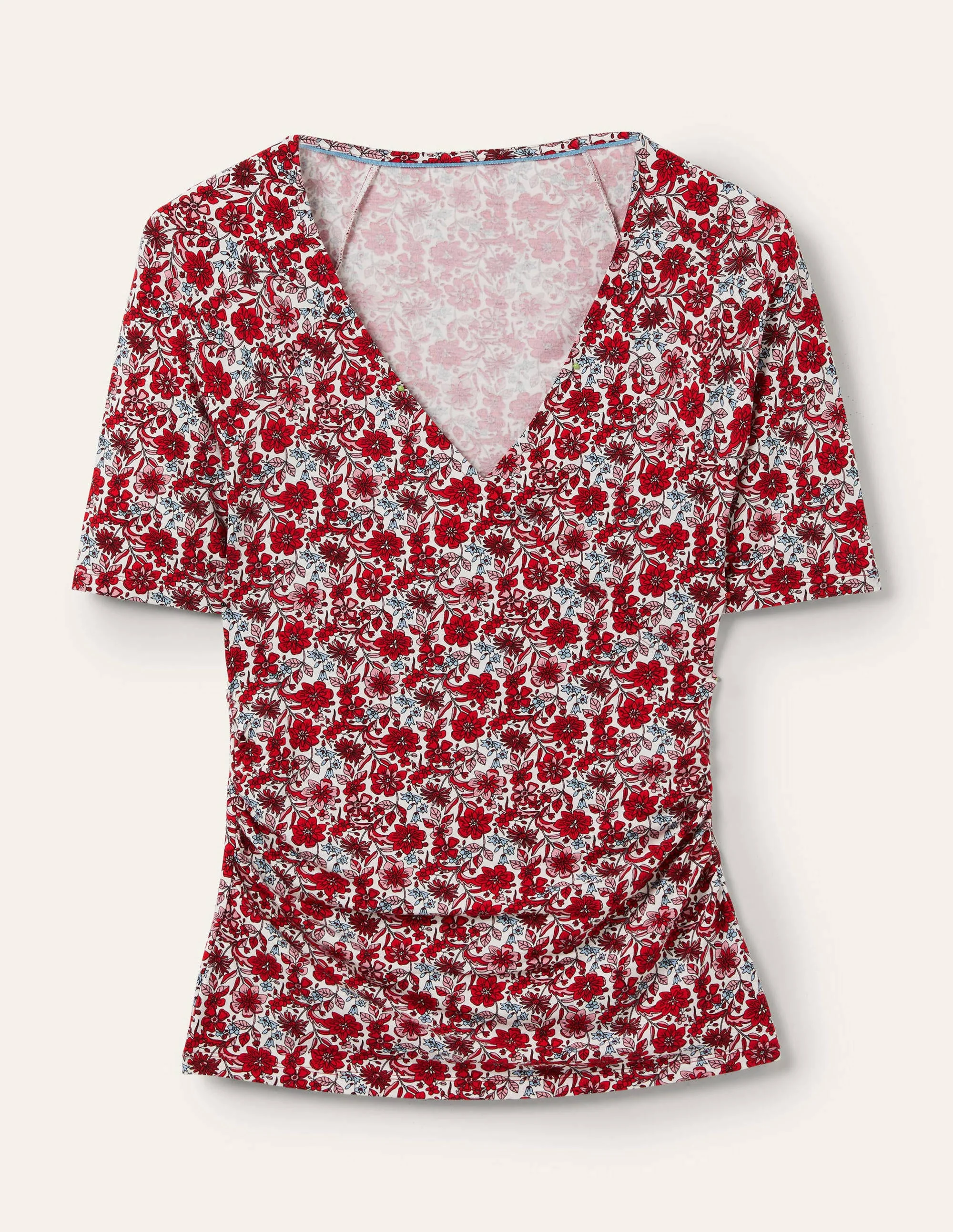 Short Sleeve Wrap Top-Red / Dusty Blue, Floret Bloom - Image 5