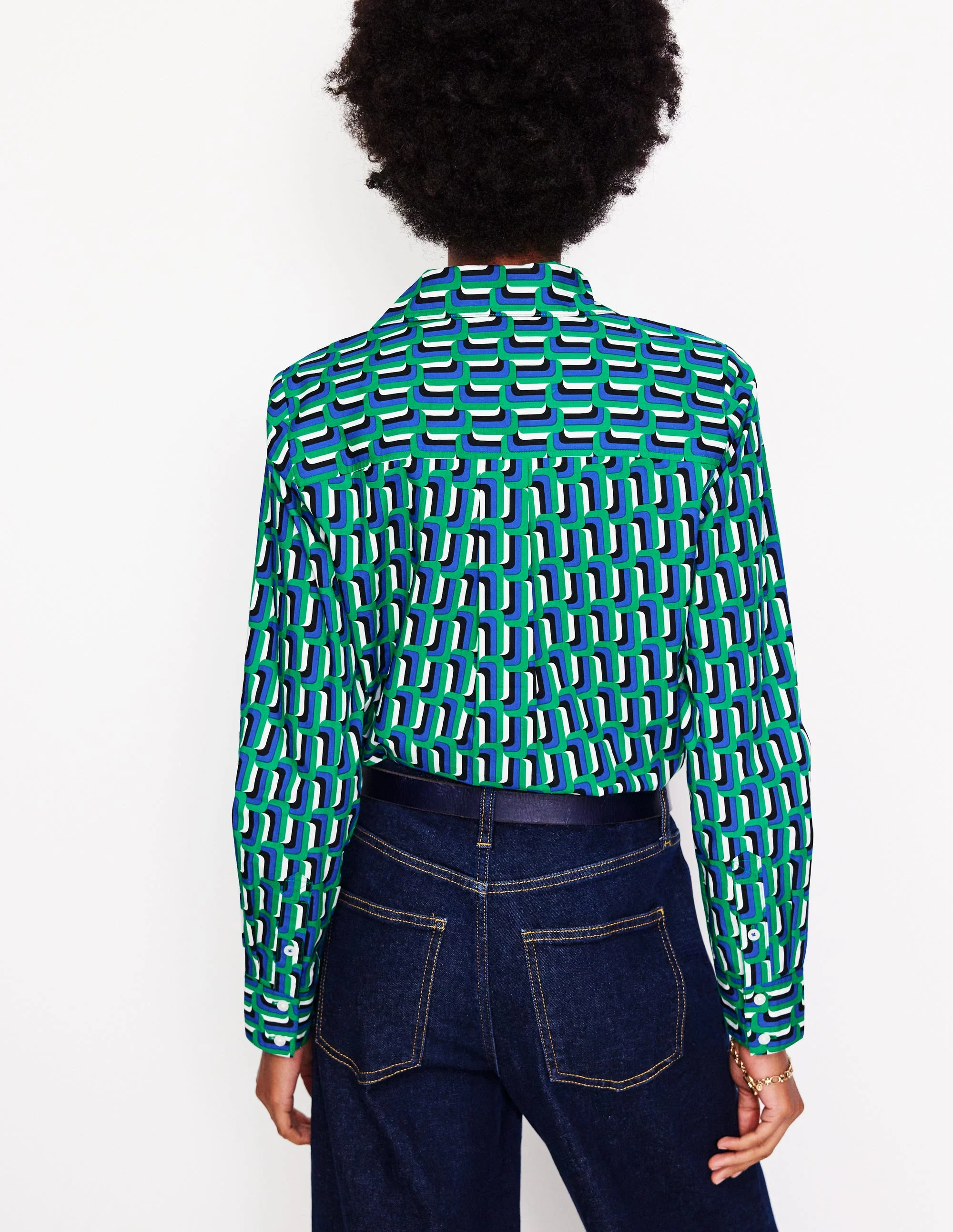 Sienna Cotton Shirt-Green and Blue, Falling Geo - Image 3
