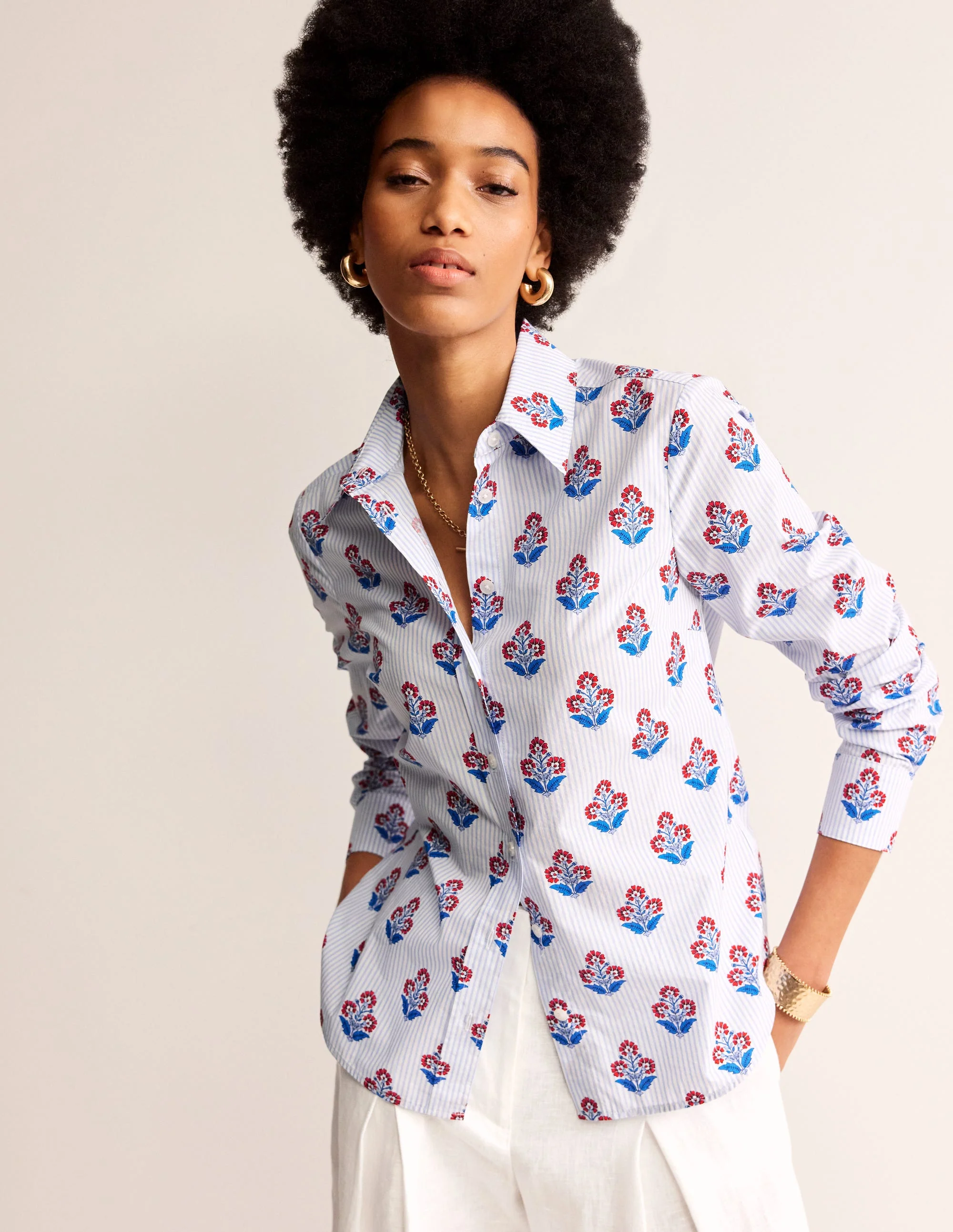 Sienna Cotton Shirt-Mandarin Red, Floret Stem - Image 4