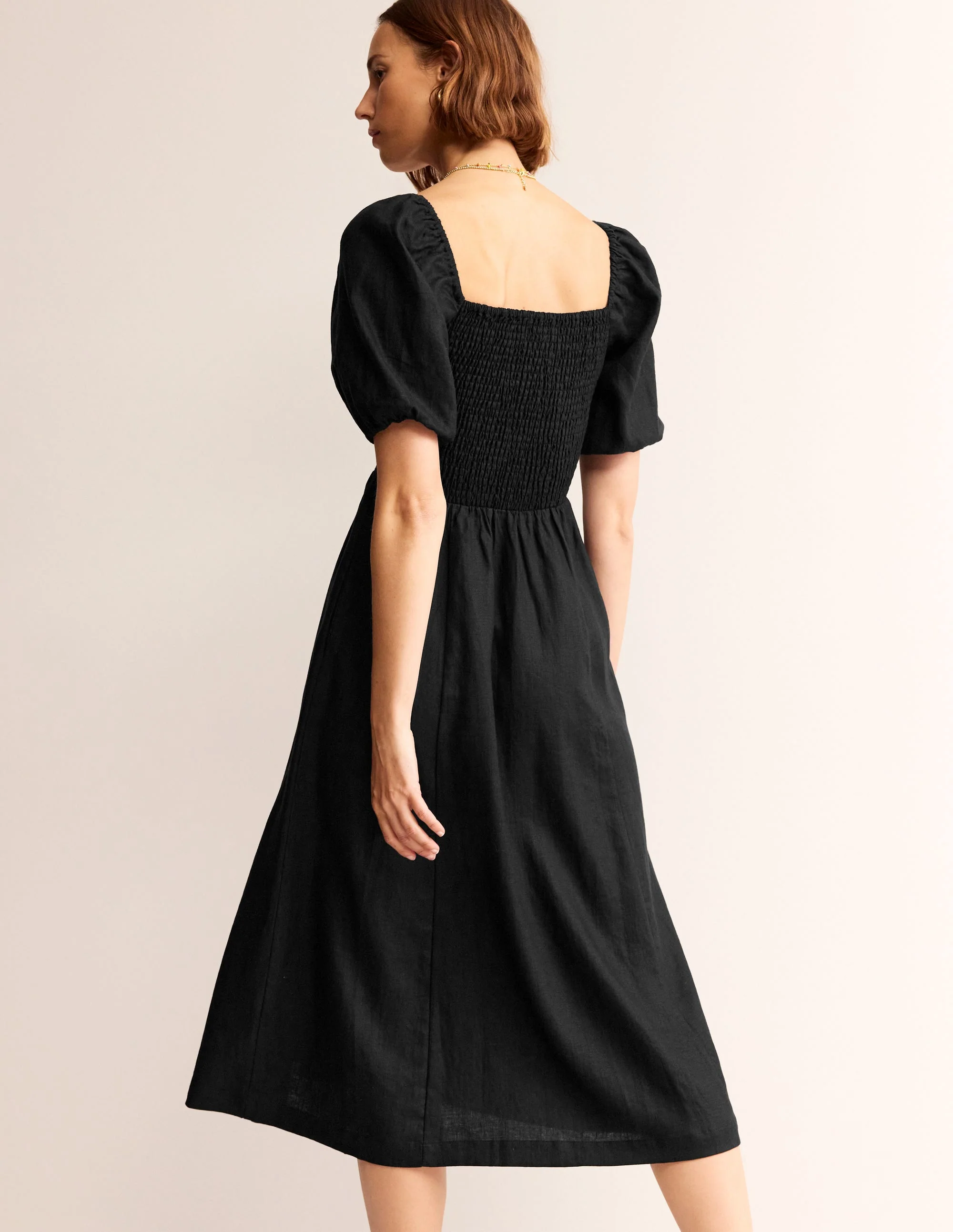 Sky Smocked Linen Midi Dress-Black - Image 4