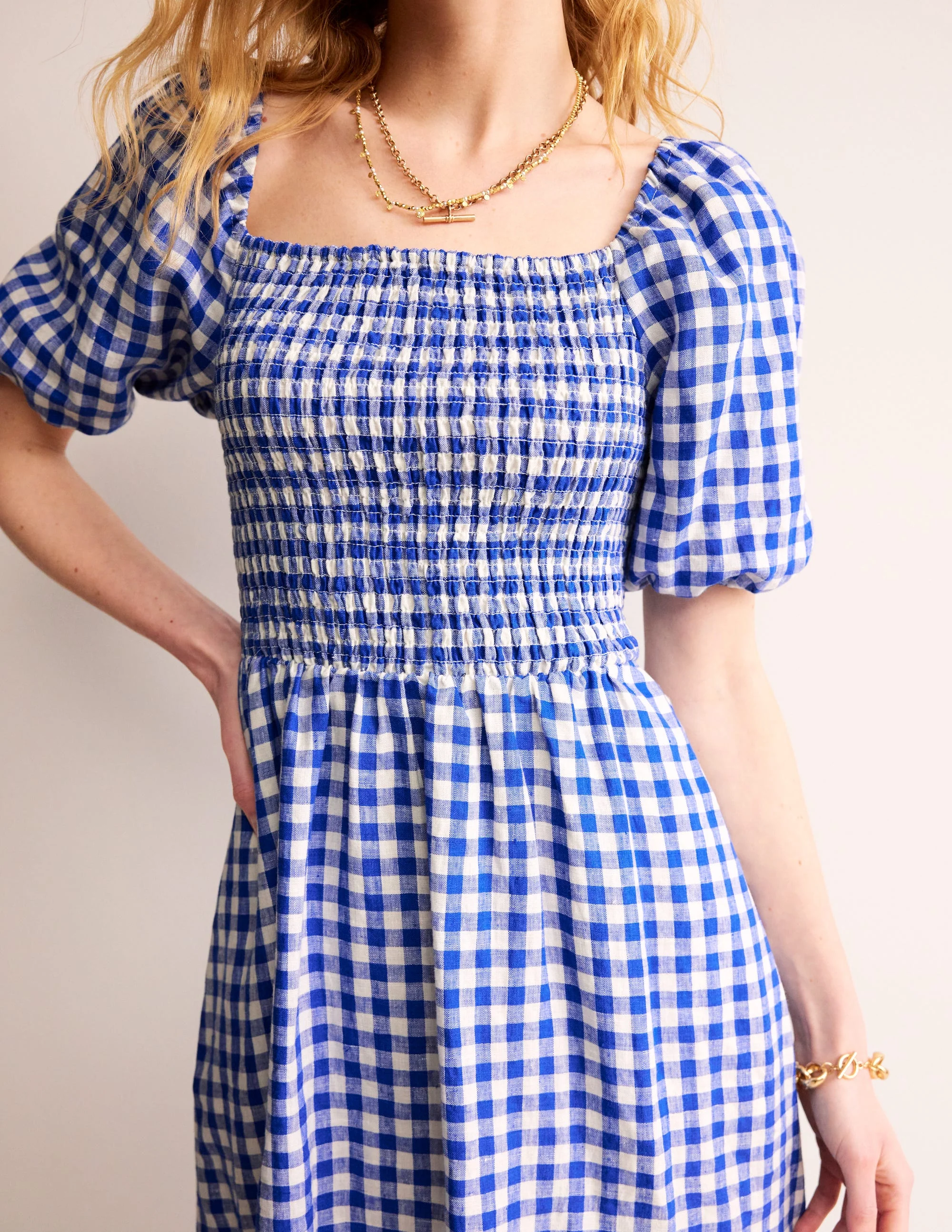 Sky Smocked Linen Midi Dress-Blue Gingham - Image 3