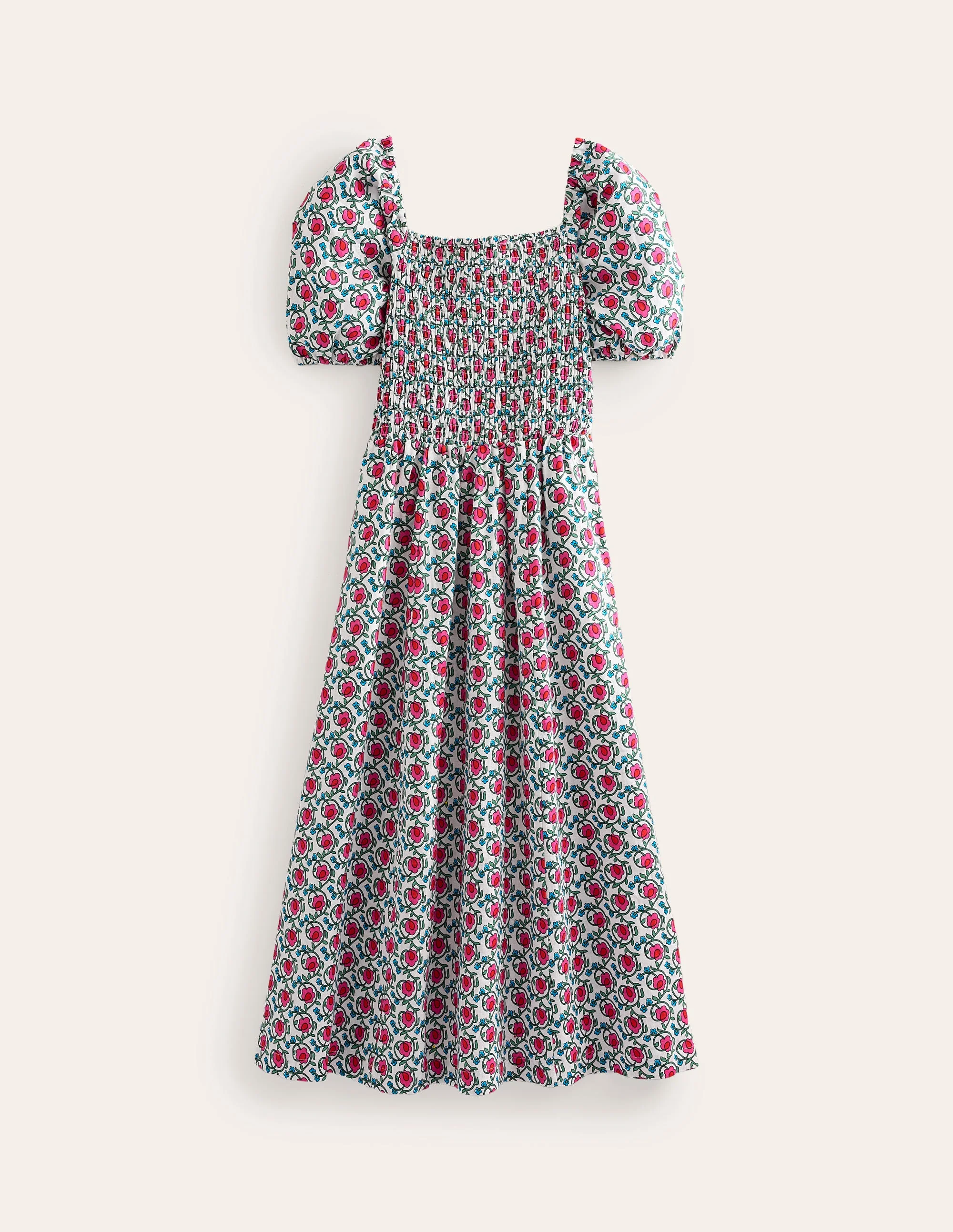 Sky Smocked Linen Midi Dress-Pop Pansy, Foliage Terrace - Image 6