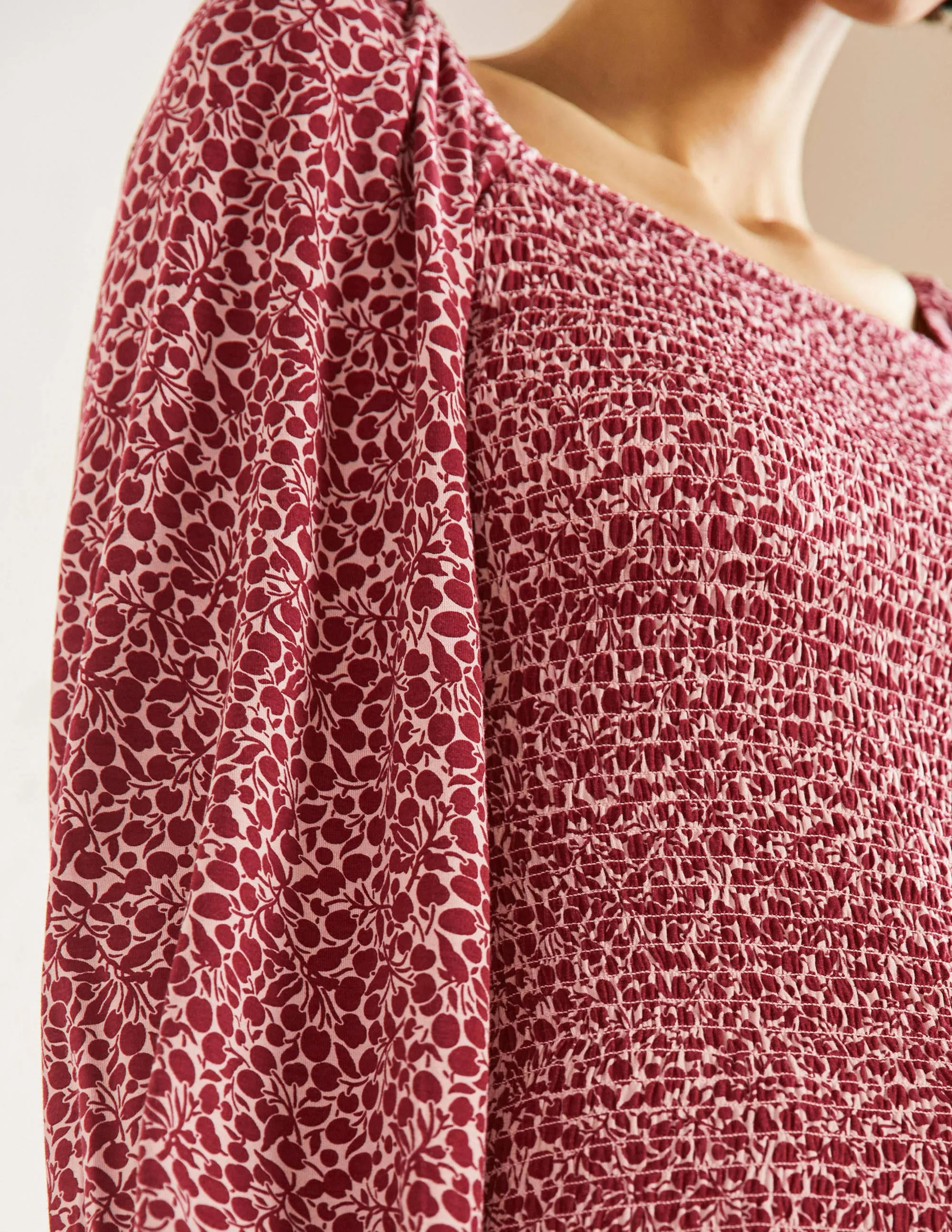 Smocked Bodice Blouson Top-Sumac Red, Flora Sprig - Image 2