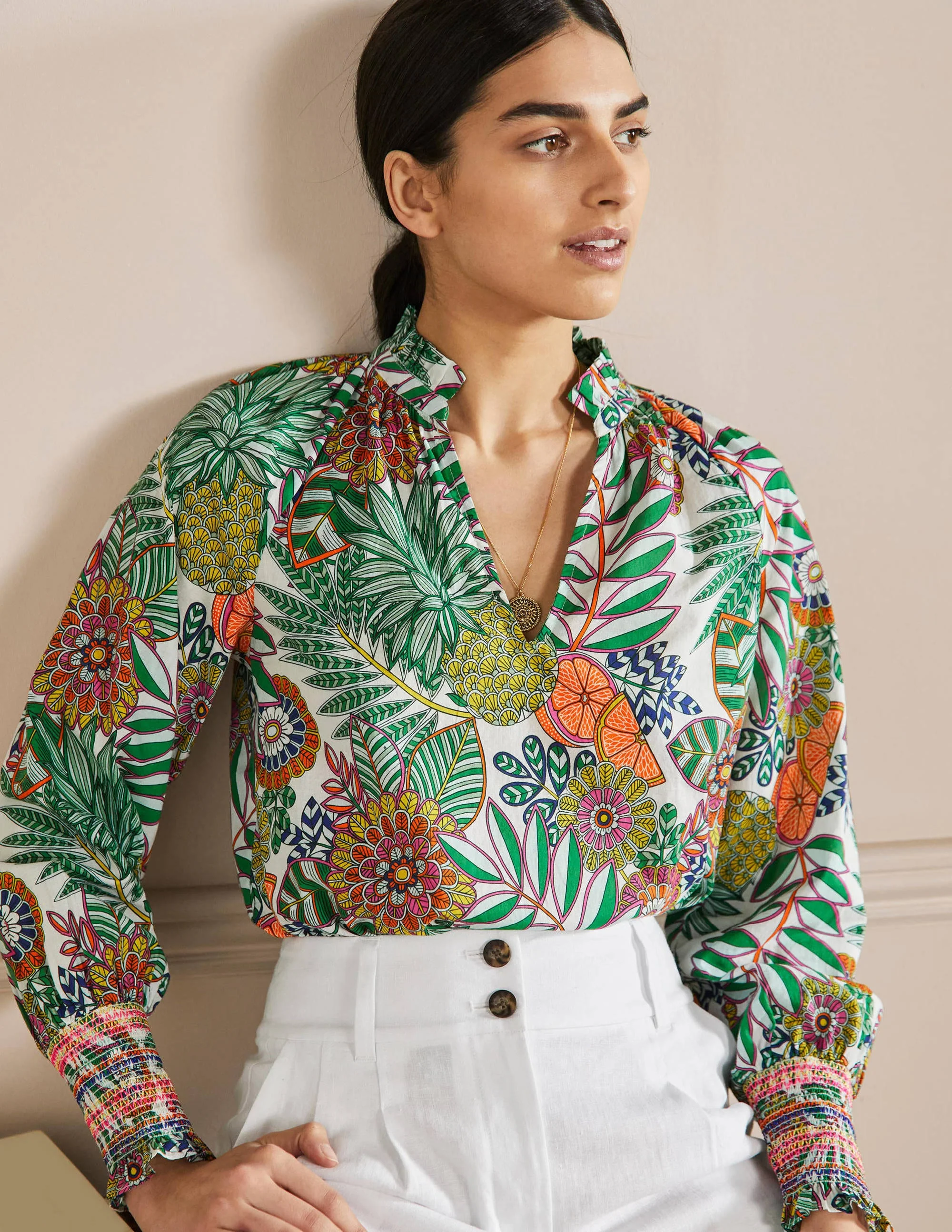 Smocked Cuff Printed Top-Ivory, Pineapple Bloom