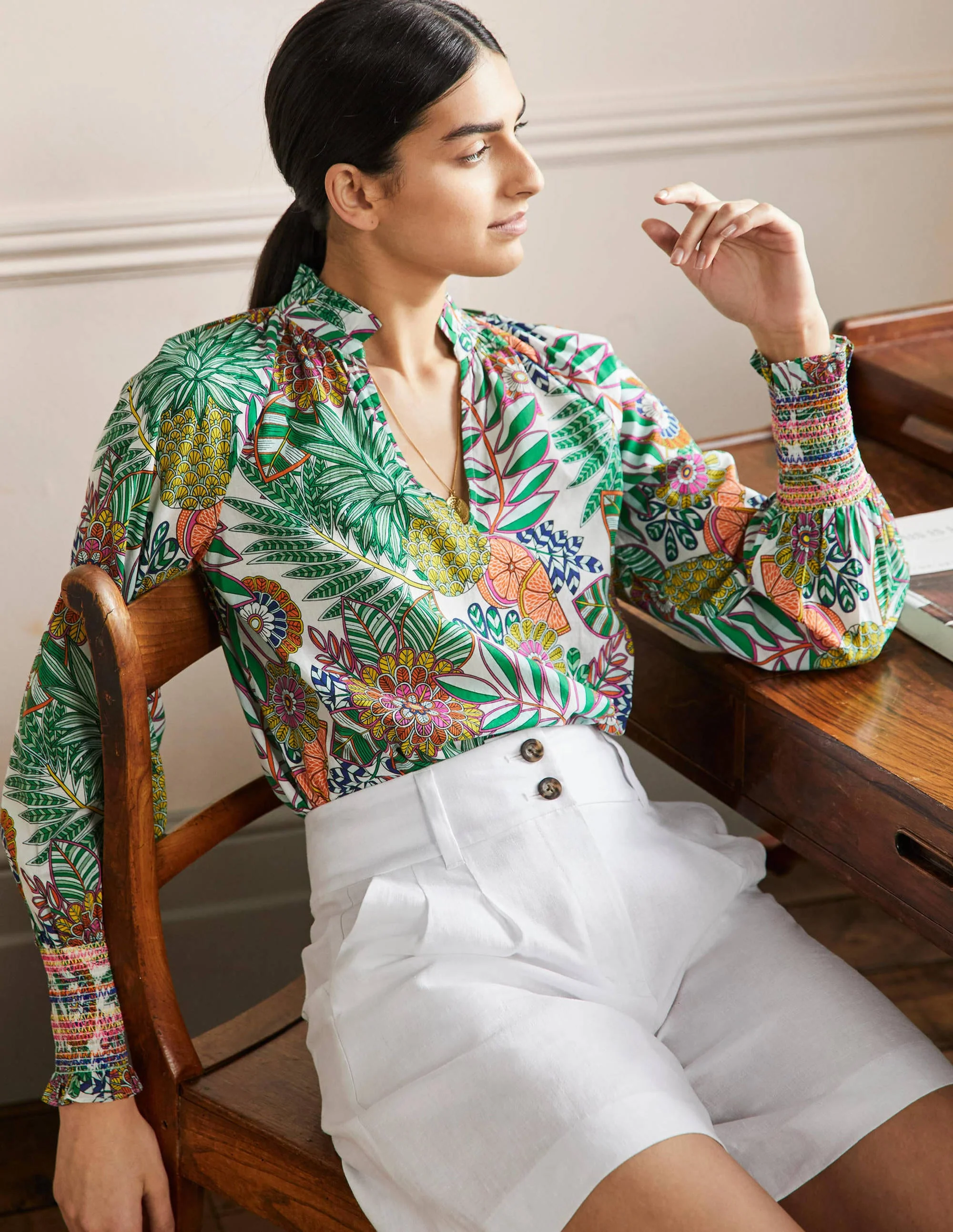Smocked Cuff Printed Top-Ivory, Pineapple Bloom - Image 4