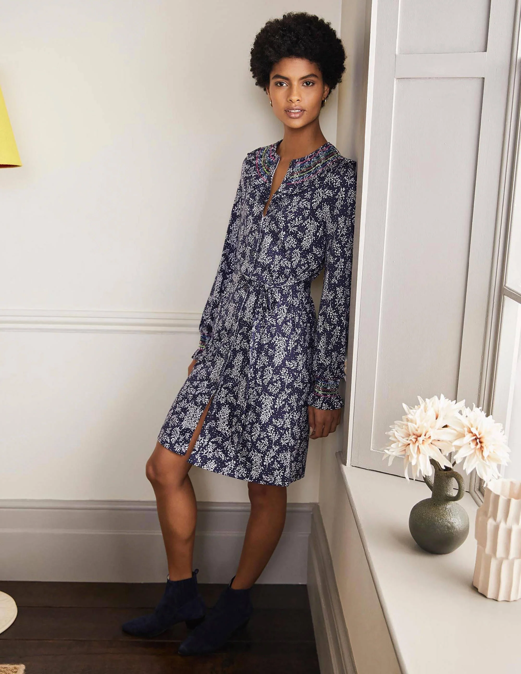 Smocked Detail Jersey Dress-French Navy, Leafy Sprig - Image 4