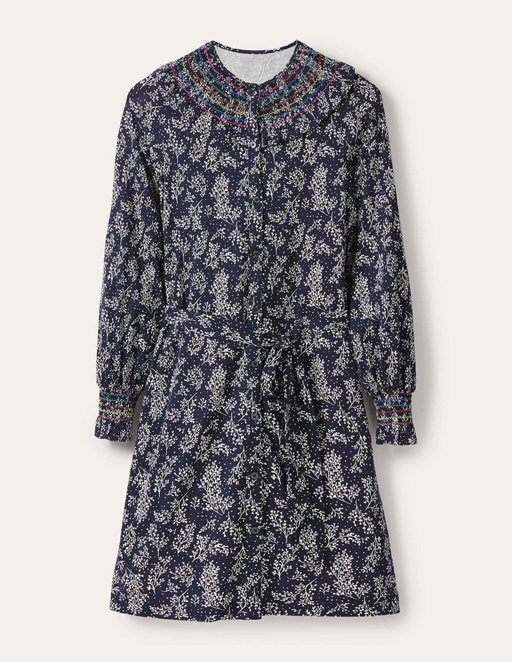 Smocked Detail Jersey Dress-French Navy, Leafy Sprig - Image 5