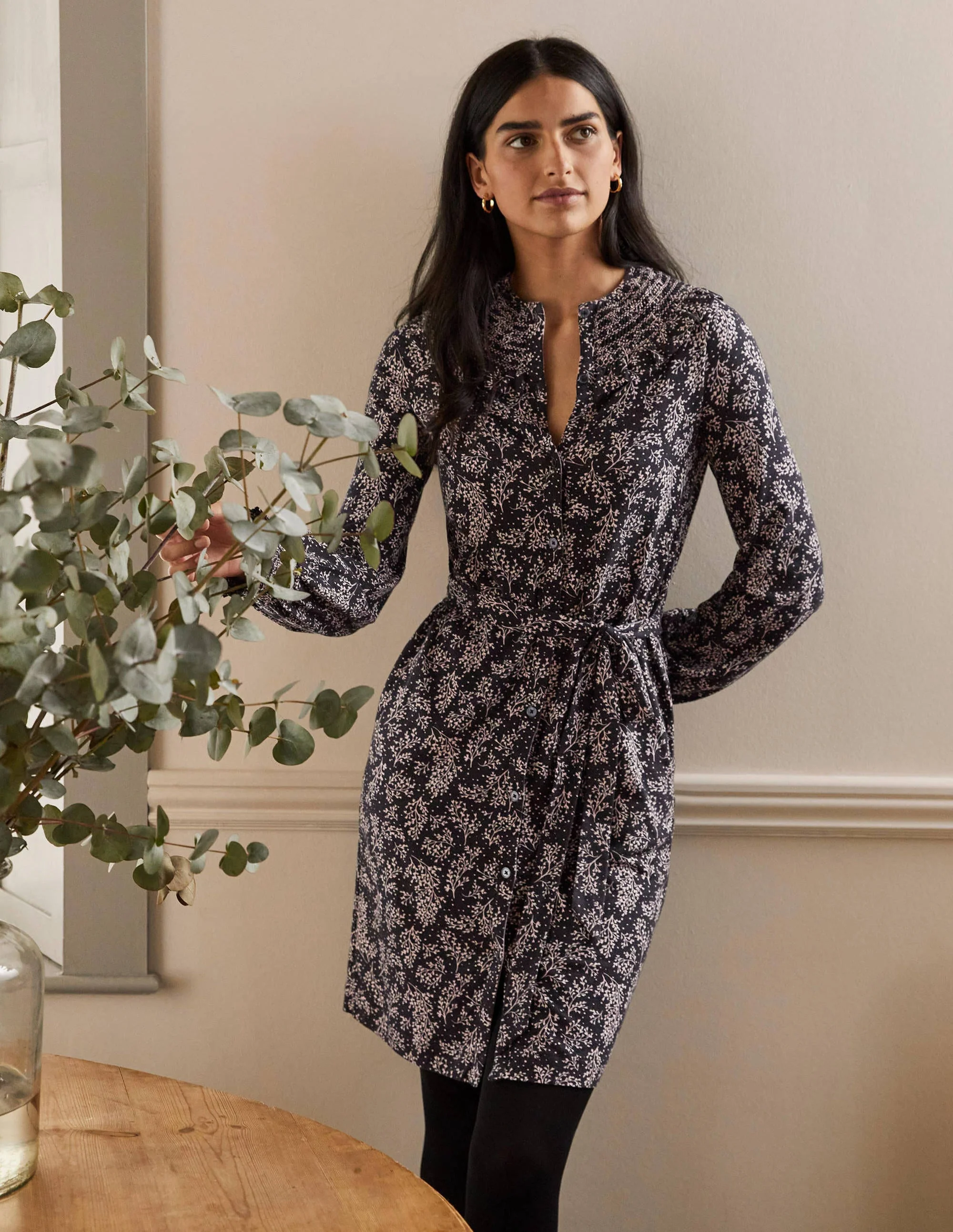 Smocked Detail Jersey Dress-Milkshake, Leafy Sprig - Image 4