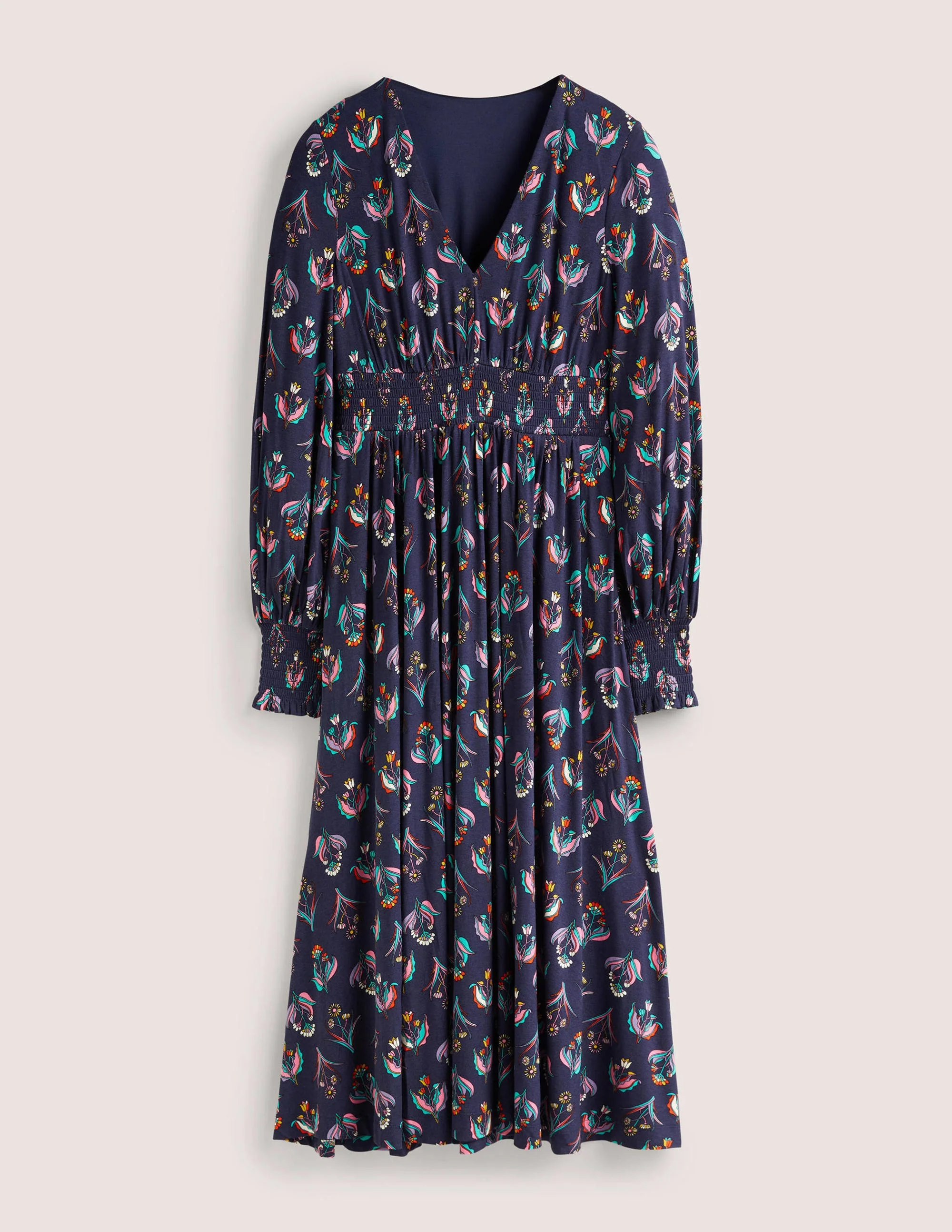 Smocked Jersey Midi Dress-French Navy, Botanic Bunch - Image 5