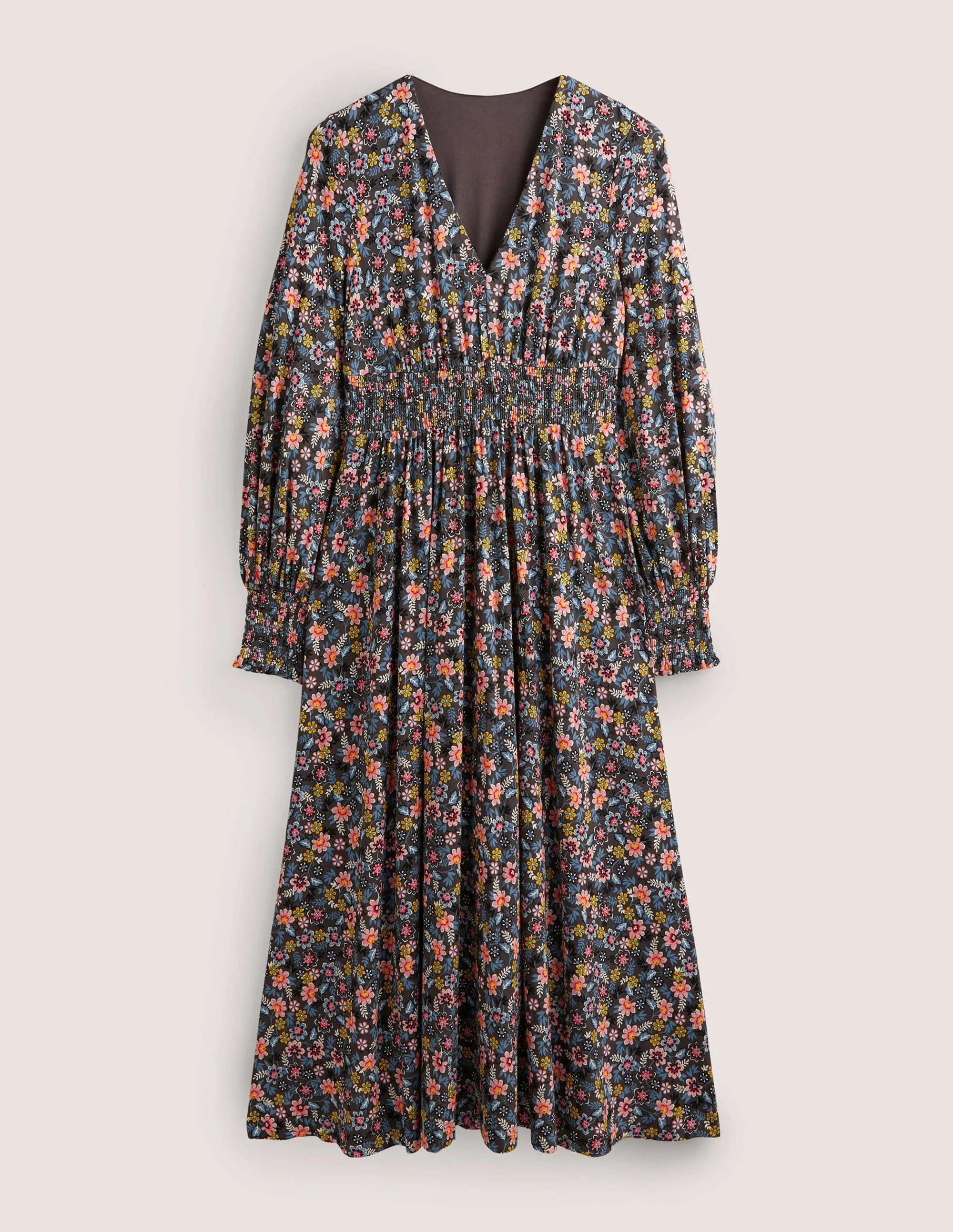 Smocked Jersey Midi Dress-Graphite, Opulent Leaf - Image 6
