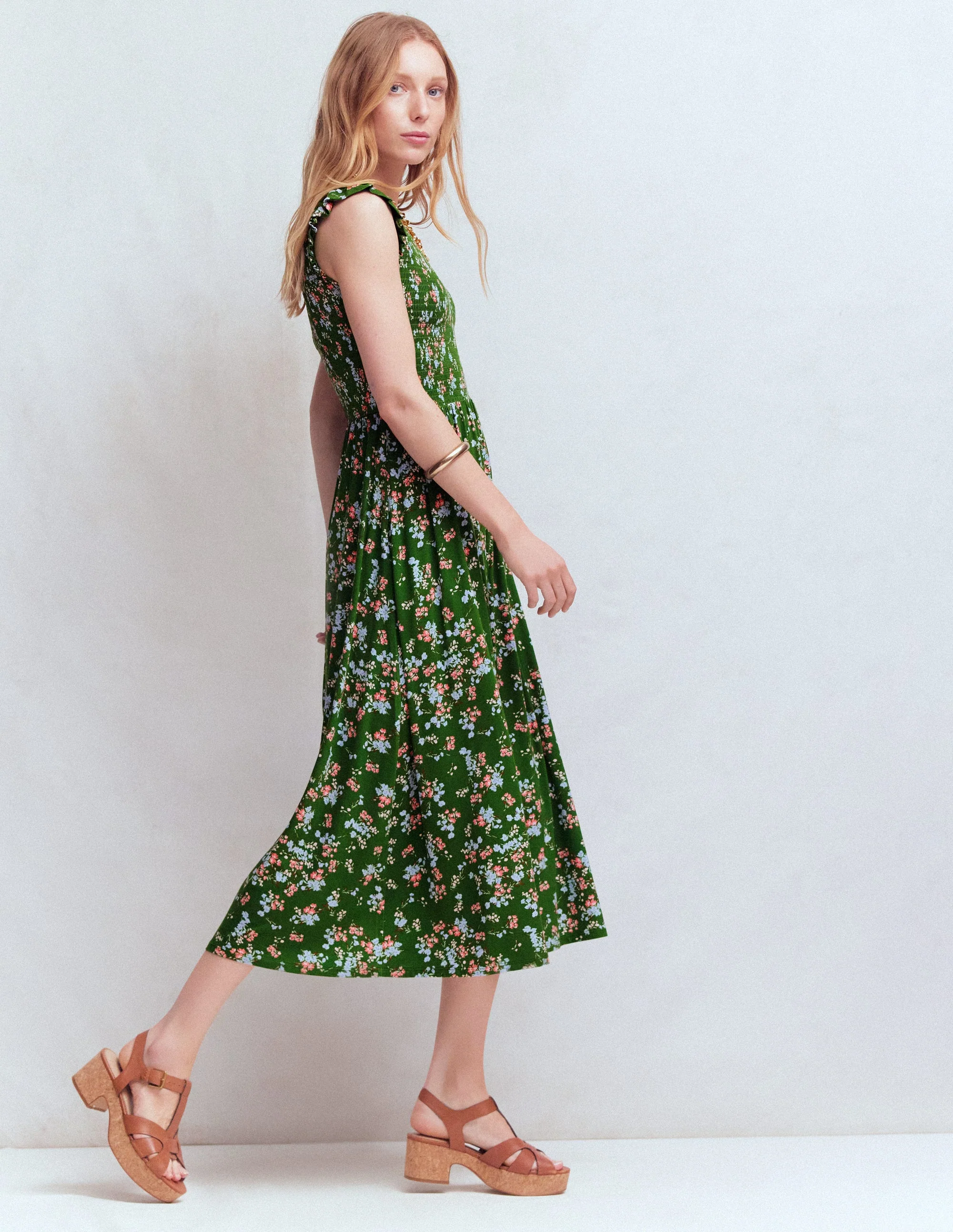 Smocked Jersey Midi Dress-Promenade Green, Bloom Scatter - Image 4