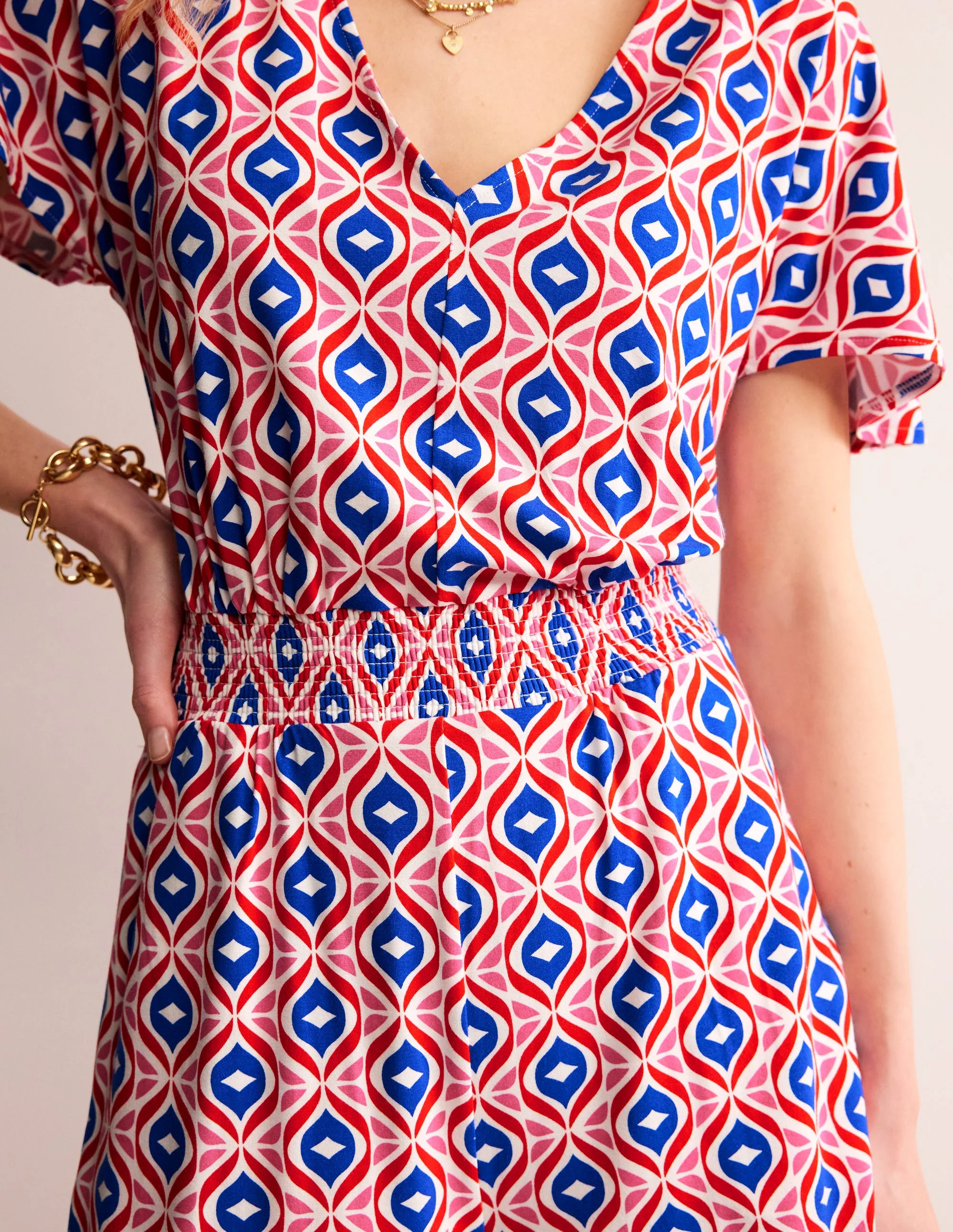 Smocked Jersey Playsuit-Rubicondo, Diamond Wave - Image 2