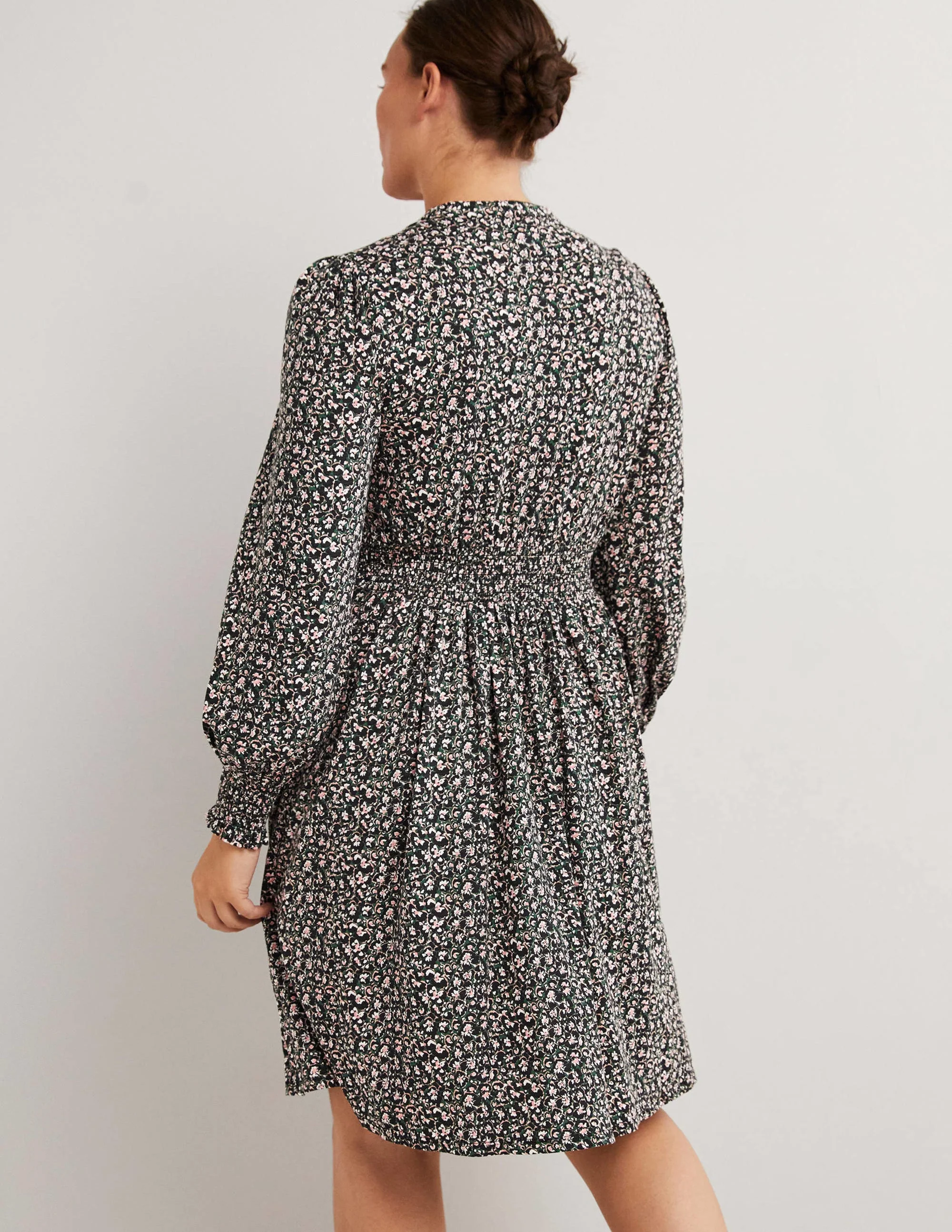 Smocked Jersey Shirt Dress-Hunter Green, Abstract Bud - Image 3