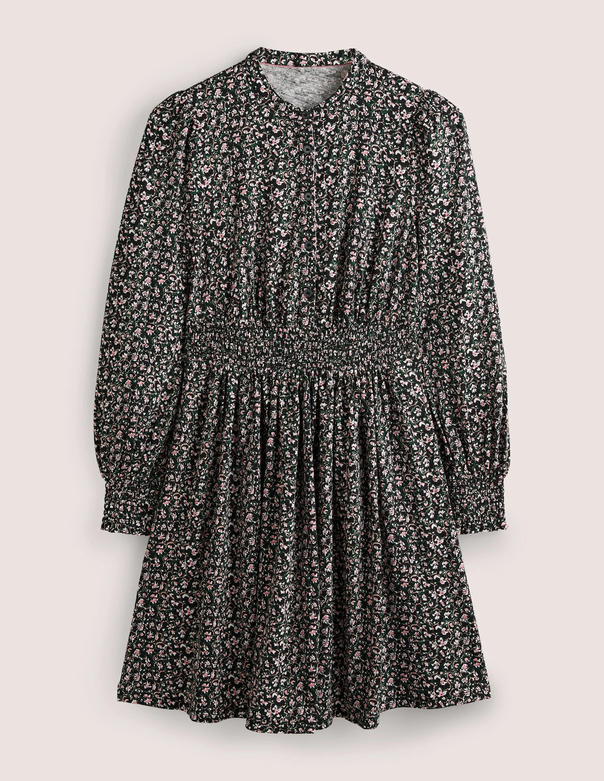 Smocked Jersey Shirt Dress-Hunter Green, Abstract Bud - Image 6