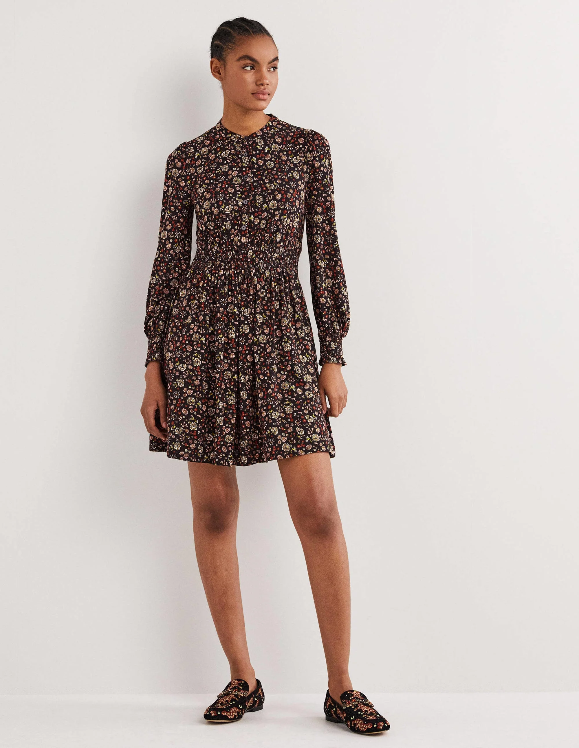 Smocked Jersey Shirt Dress-Rocket Red, Ditsy Charm - Image 4