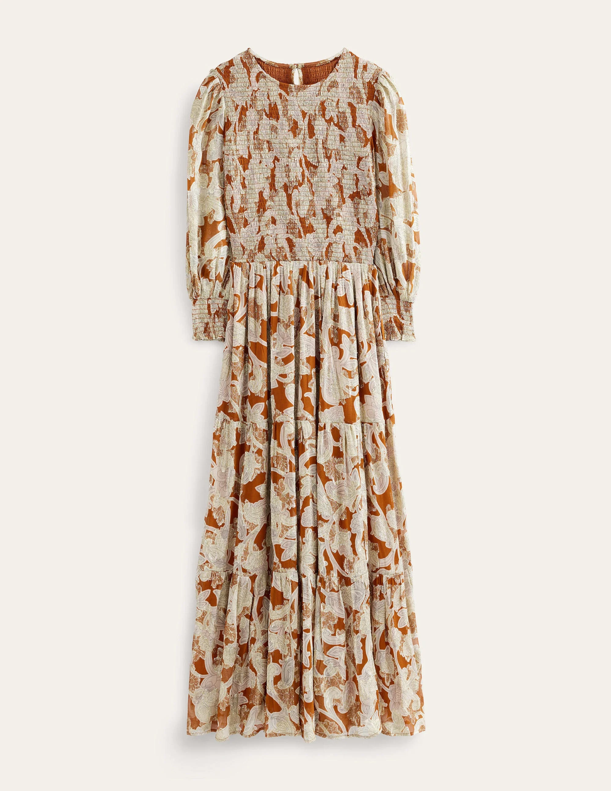 Smocked Metallic Maxi Dress-Rust, Paisley Whirl - Image 7