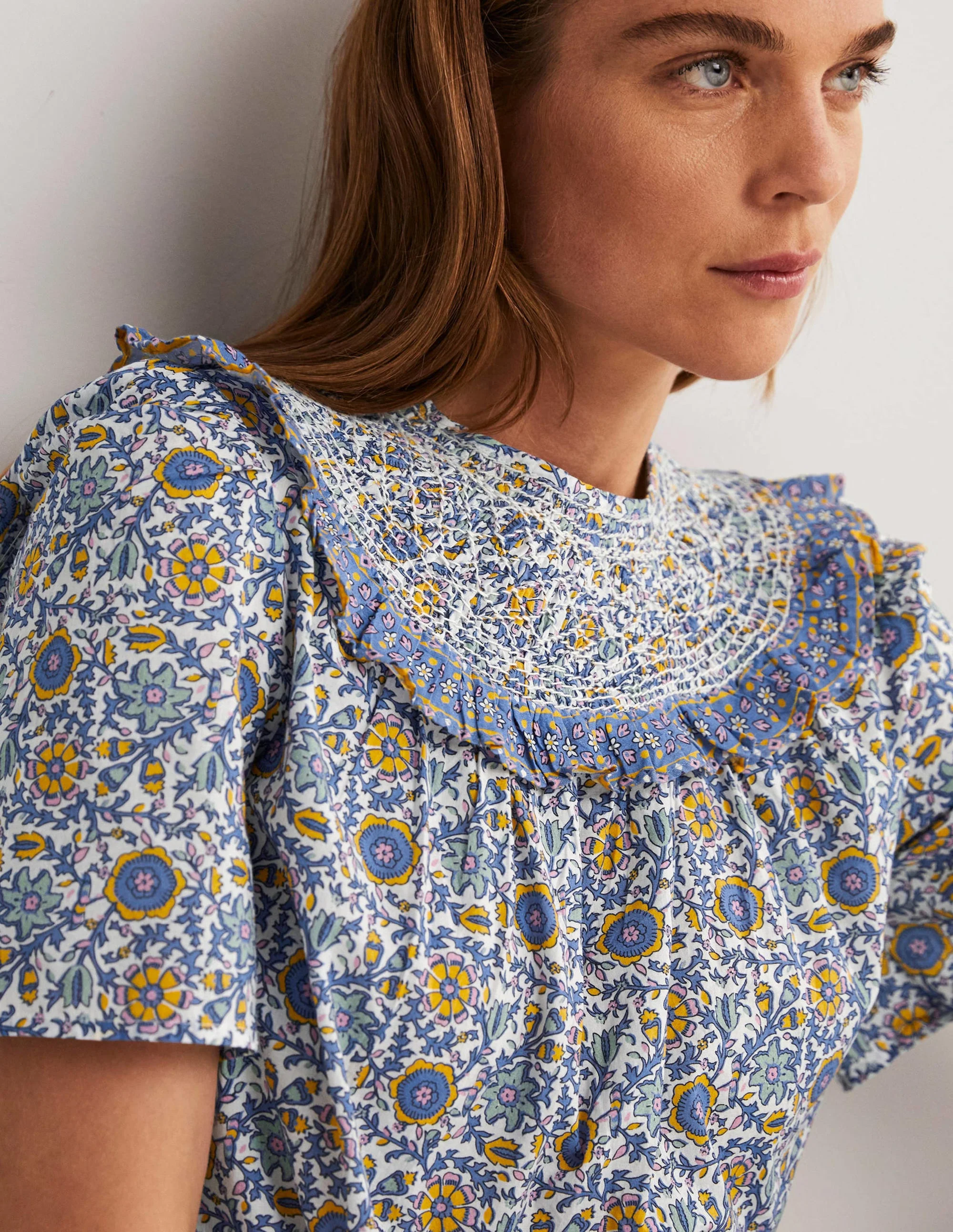 Smocked Neck Printed Top-Ivory, Enchanting Twig - Image 2