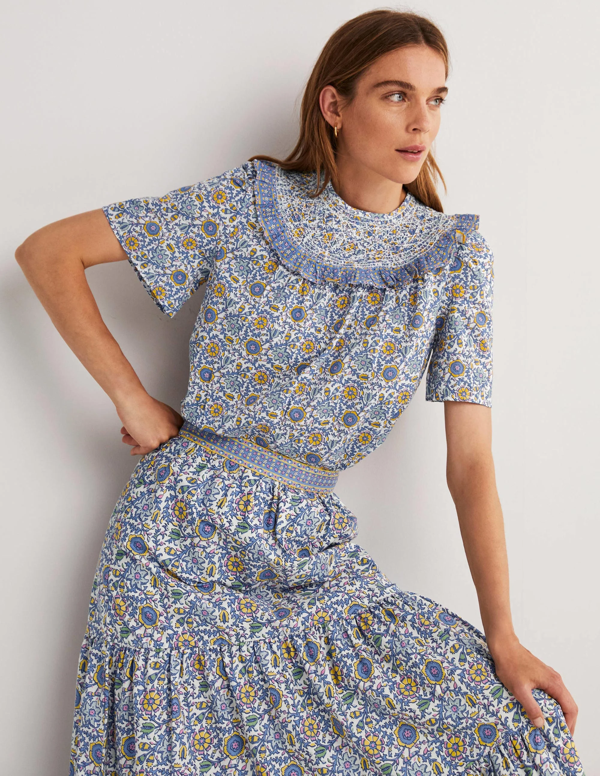 Smocked Neck Printed Top-Ivory, Enchanting Twig - Image 4