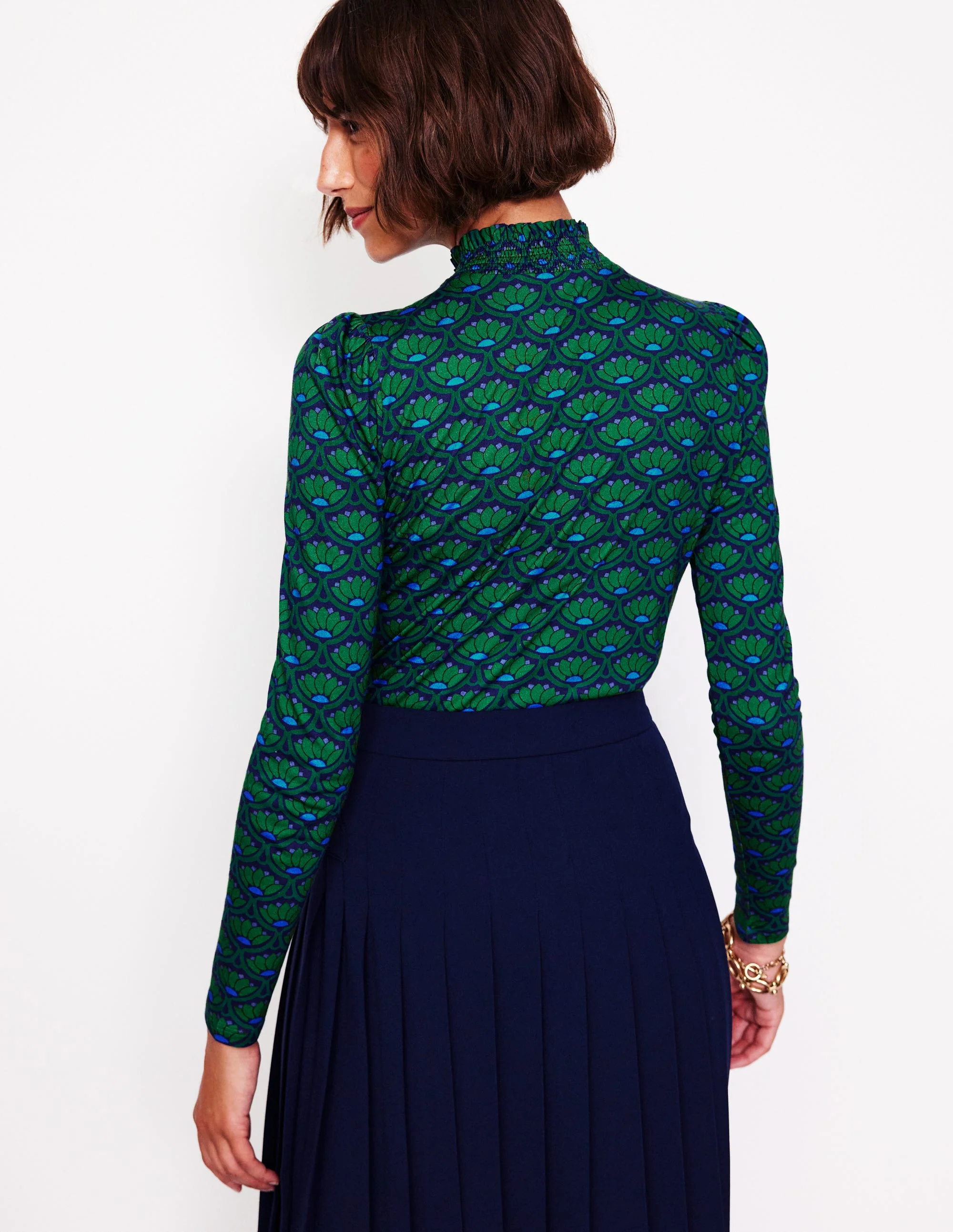Smocked Neck Printed Top-Rich Emerald, Lotus Stamp - Image 3