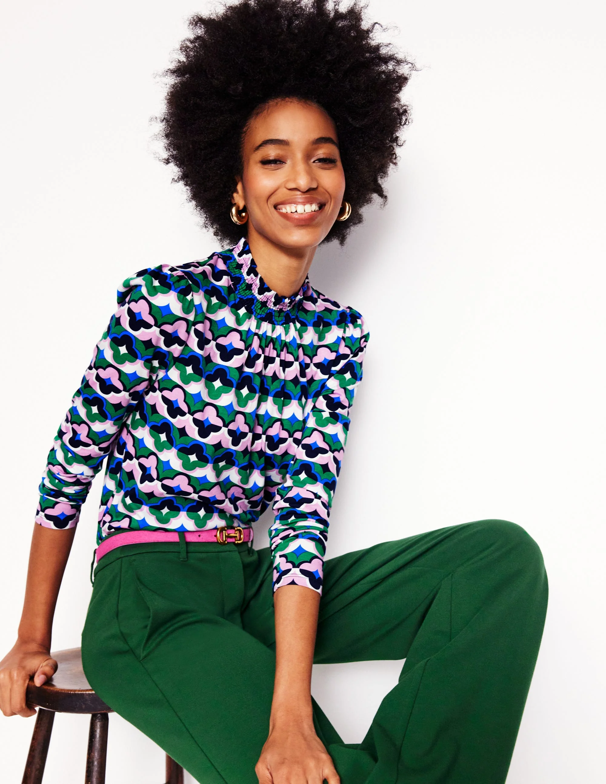 Smocked Neck Printed Top-Rich Emerald, Lucky Clover - Image 4
