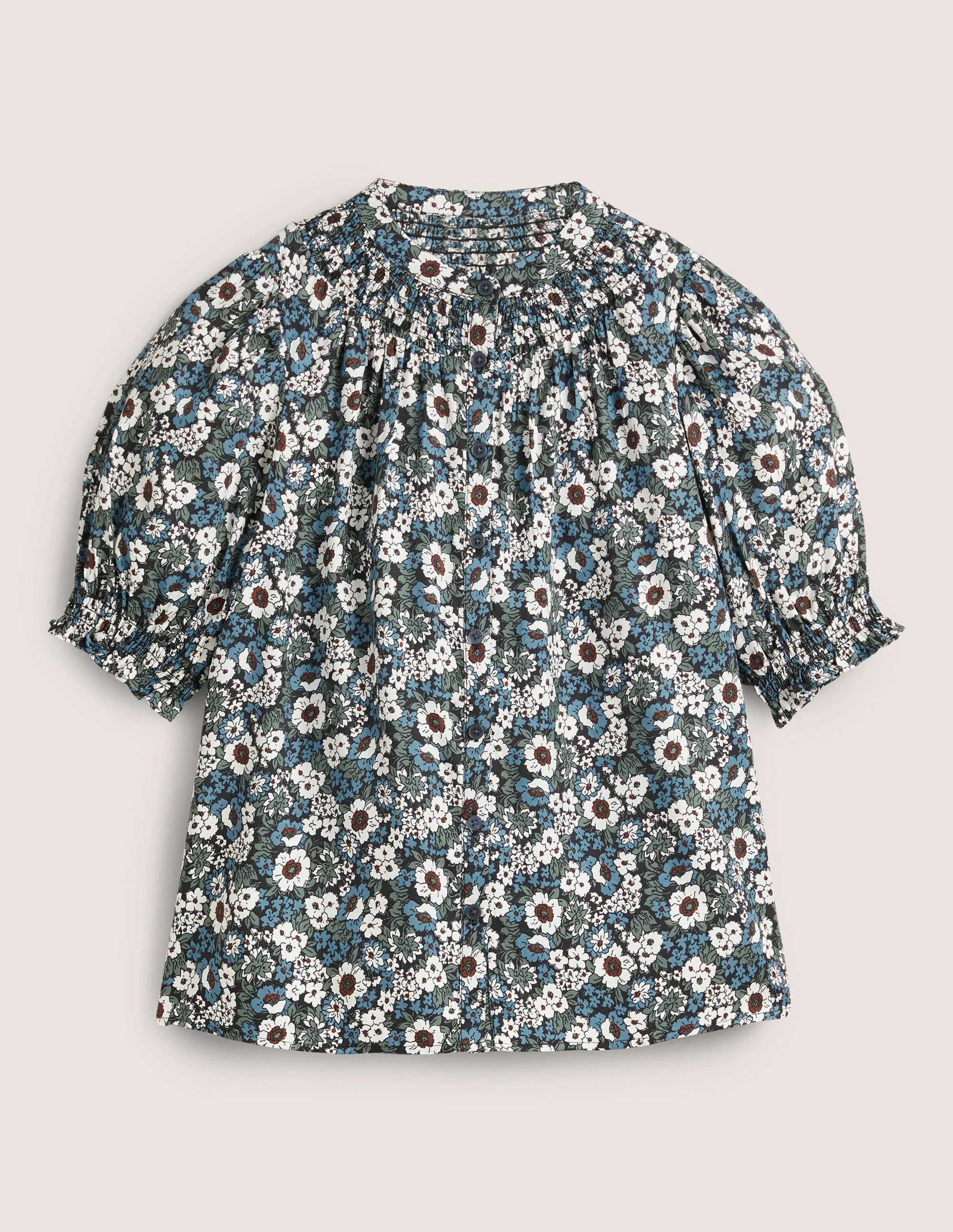 Smocked Silk Blend Blouse-Black, Floral Lawn - Image 10