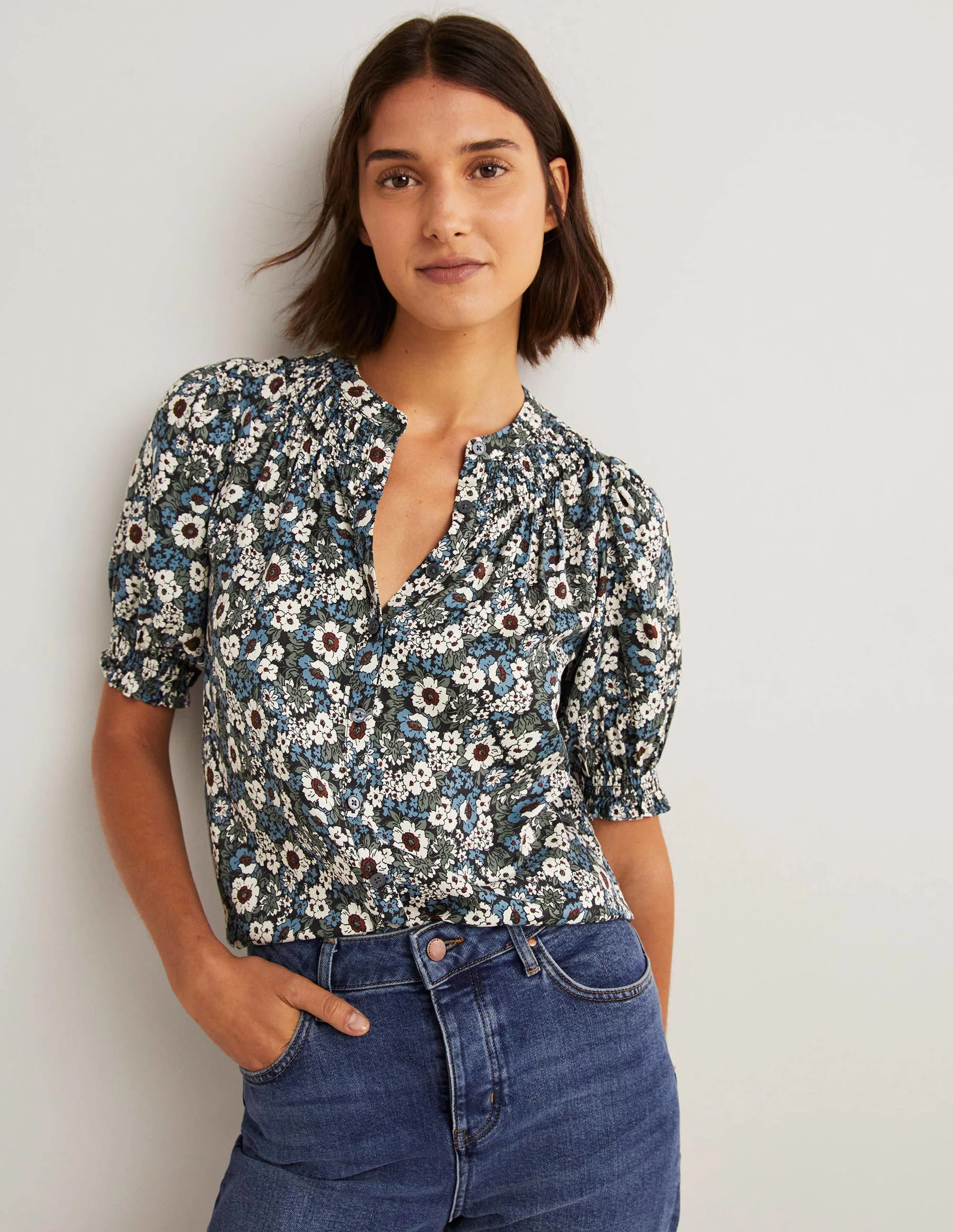 Smocked Silk Blend Blouse-Black, Floral Lawn - Image 4