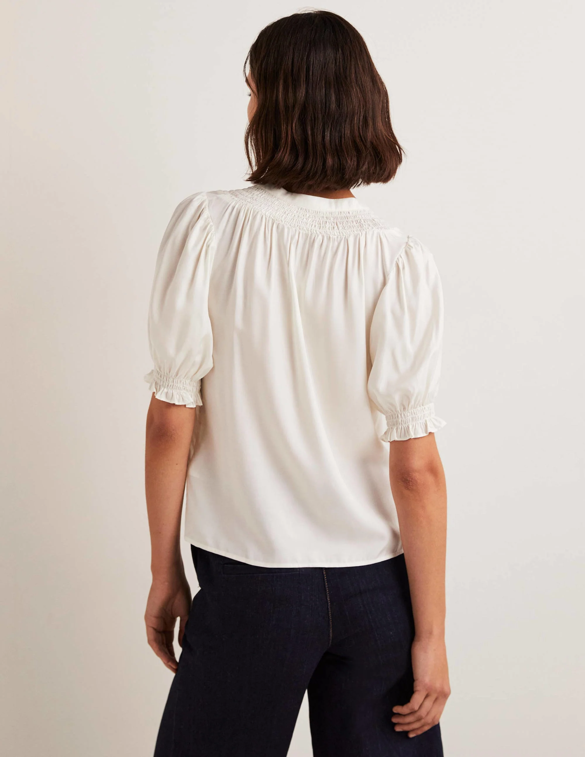 Smocked Silk Blend Blouse-Ivory - Image 3