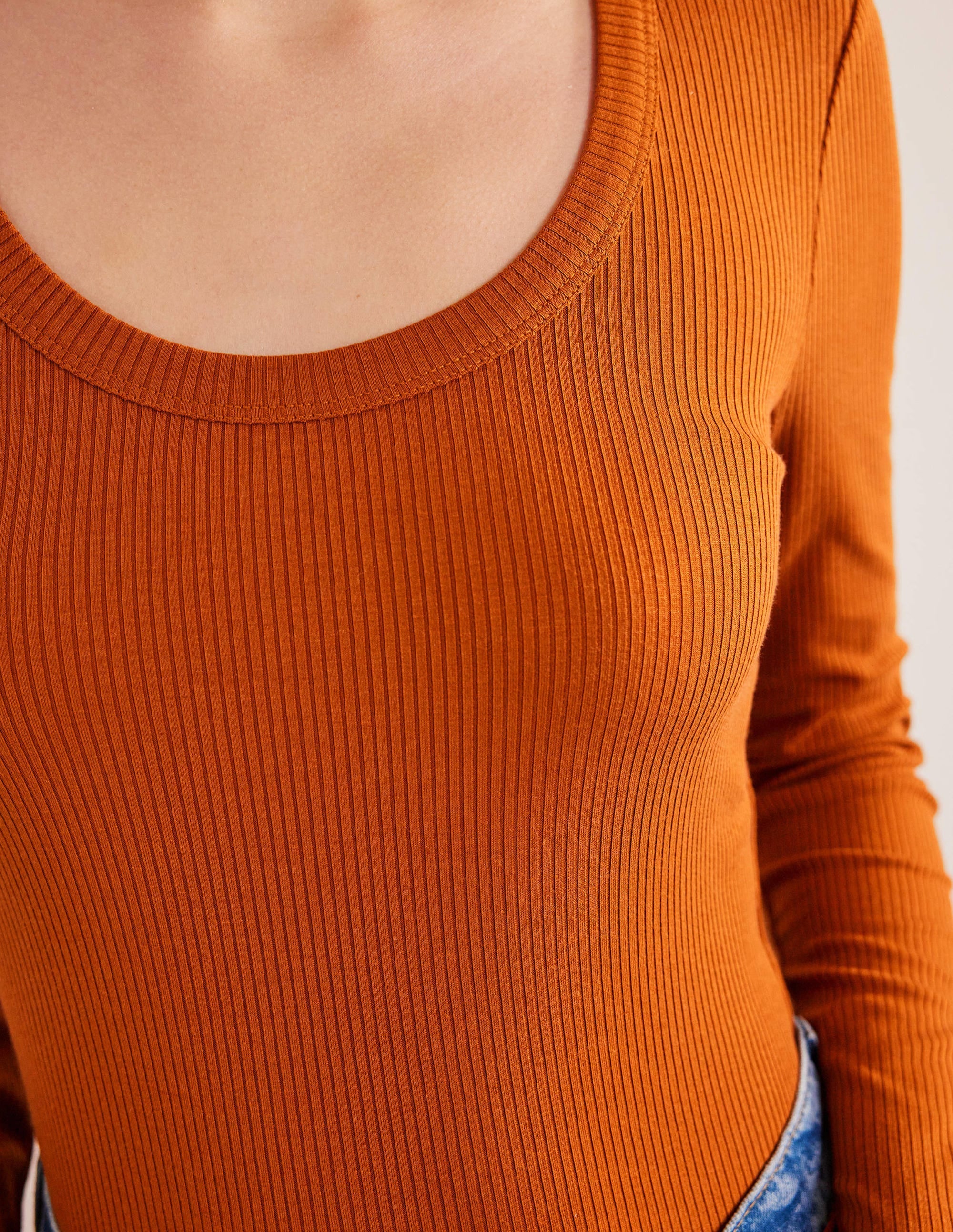 Soft Ribbed Scoop Neck Top-Pumpkin - Image 2