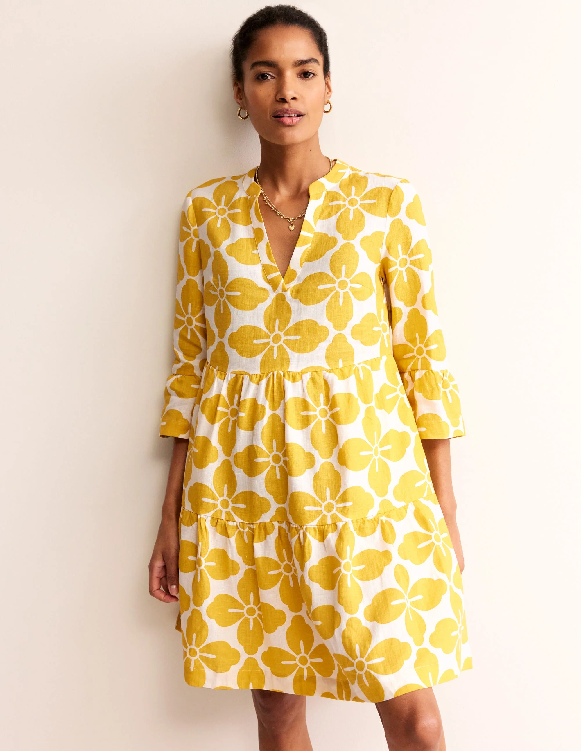 Sophia Linen Short Dress-Ceylon Yellow, Floral Tile - Image 4