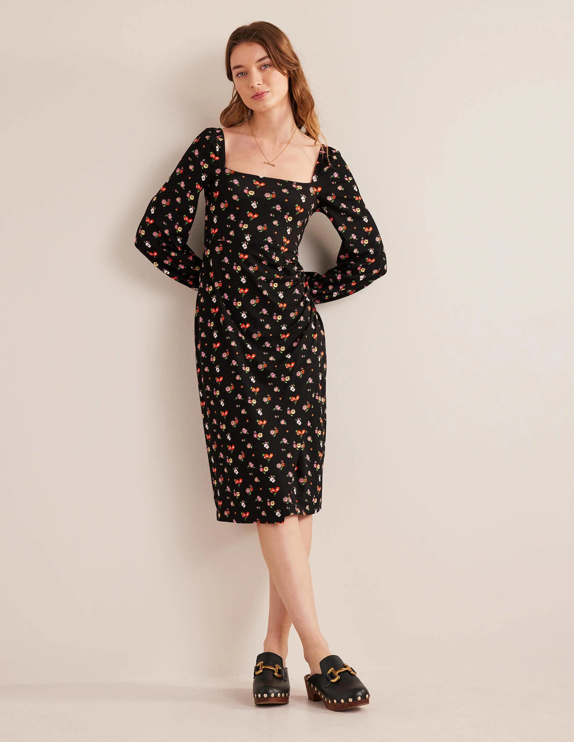 Square Neck Jersey Midi Dress-Black, Dainty Sprig - Image 4