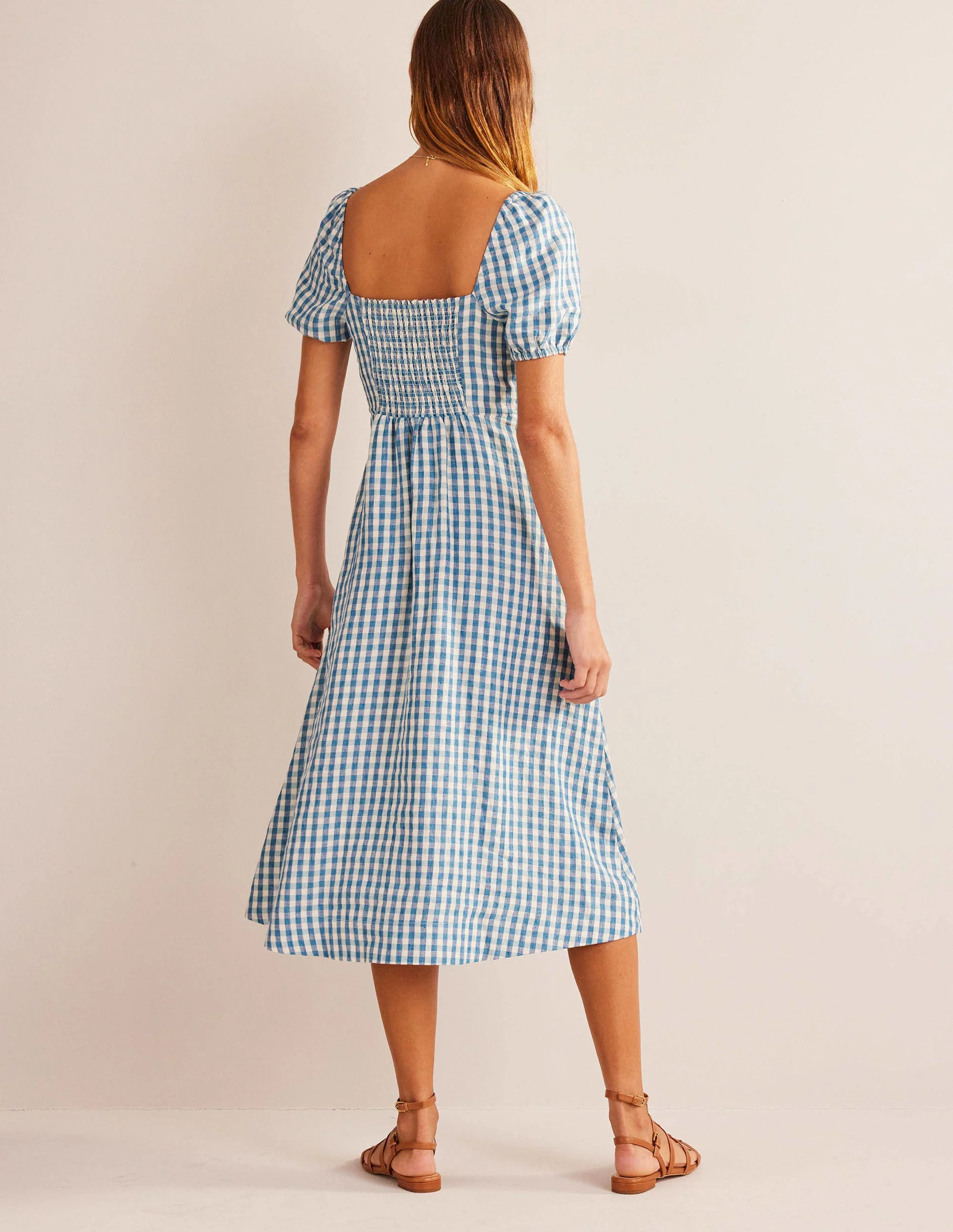 Square Neck Linen Midi Dress-Delphinium Blue, Gingham - Image 3