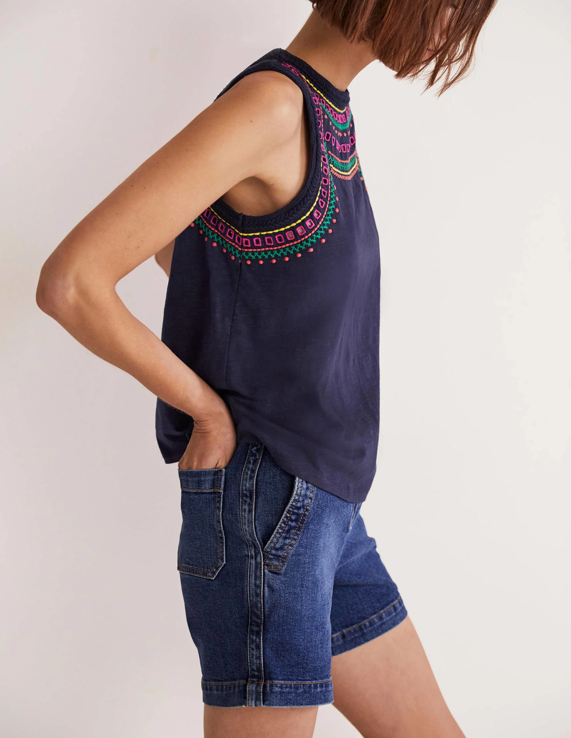 Stitch Detail Sleeveless Top-Navy, Multi Embroidery - Image 5