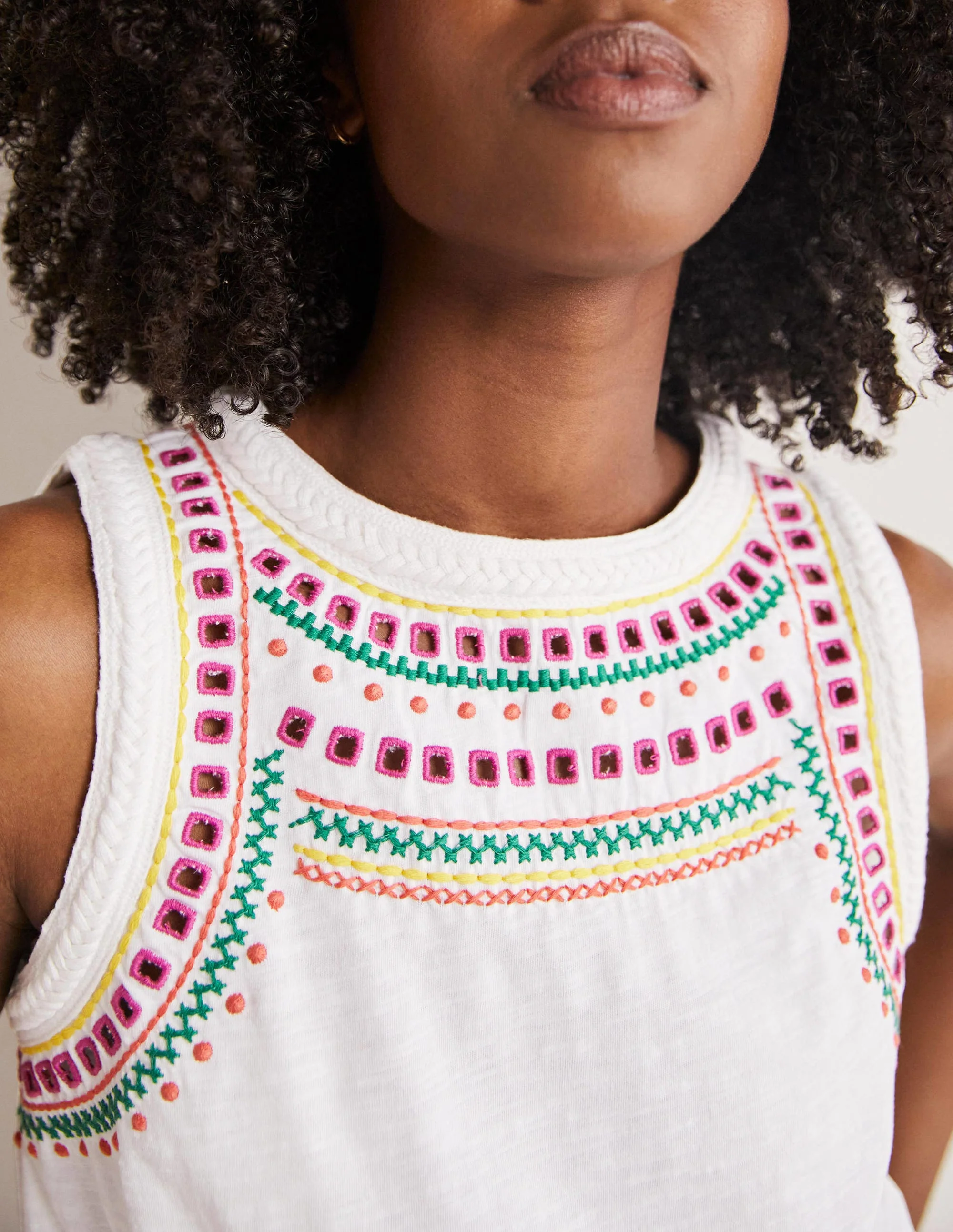 Stitch Detail Sleeveless Top-White, Multi Embroidery - Image 2