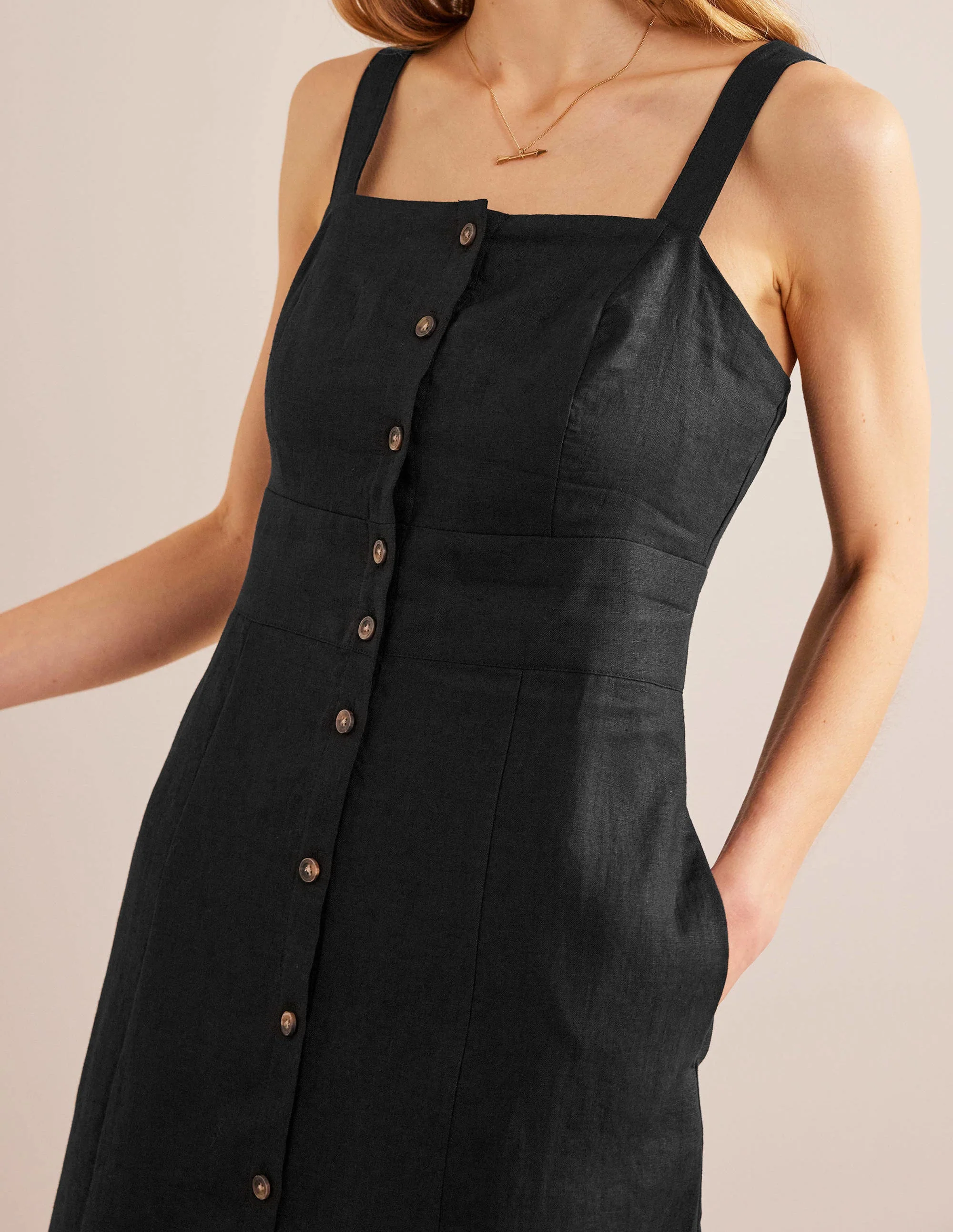 Strappy Linen Midi Dress-Black - Image 2