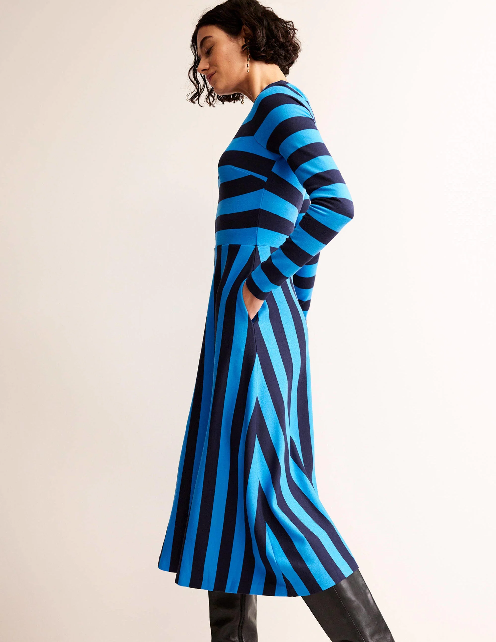Stripe Jersey Midi Dress-Navy, Brilliant Blue Stripe - Image 4